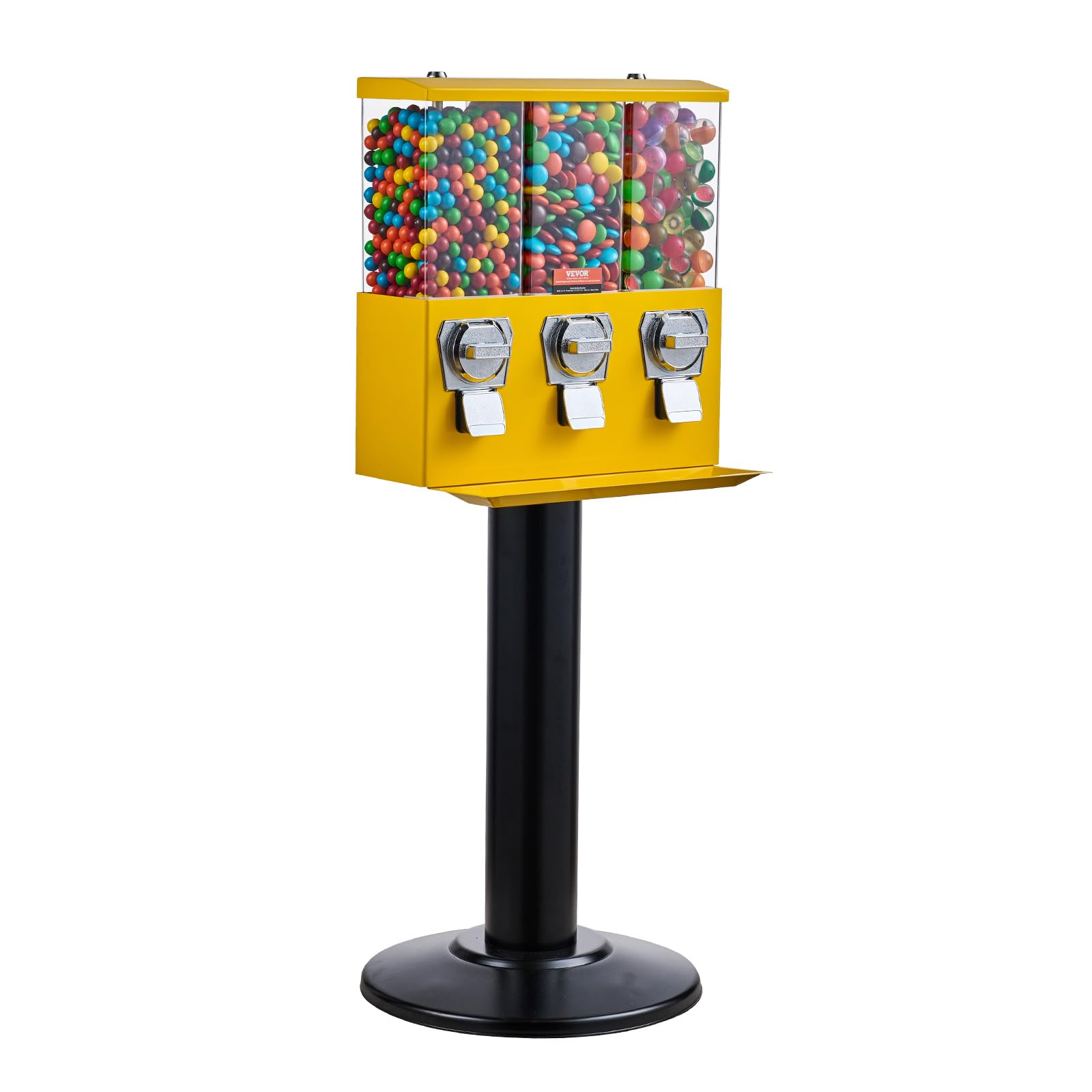 VEVOR Commercial Triple Compartment Candy Vending Machine with Iron Stand - Coin Operated Gumball & Nut Dispenser for Business - Perfect for Retail Stores, Arcades, and Restaurants (Yellow)