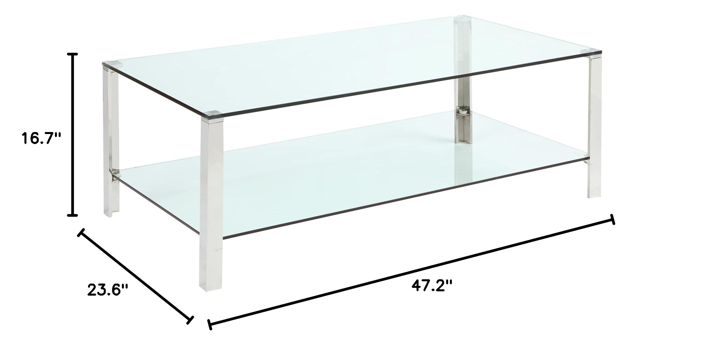 Chintaly Imports Modern Rectangular Glass & Stainless Steel Cocktail Table - Clear Transparent Design for Living Room, Lounge & Outdoor Patio Decor