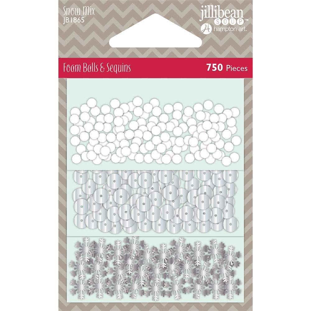 Jillibean Soup Foam Balls, Jewels & Sequins Shaker Filler - Snow Mix (750 Pieces per Package) - Perfect for DIY Crafts, Scrapbooking, and Holiday Decorations