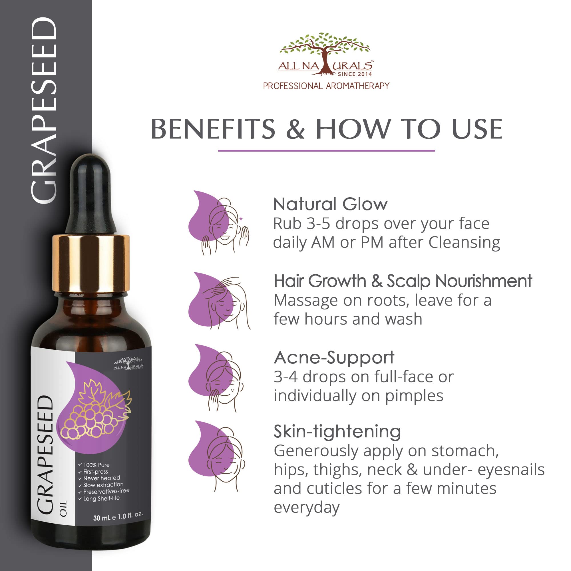 100% Pure Cold Pressed Grapeseed Oil from Spain - Natural Skin Tightening, Acne Treatment & Hair Growth Solution (30ml) - Perfect for Face Care, Massage & DIY Beauty Recipes