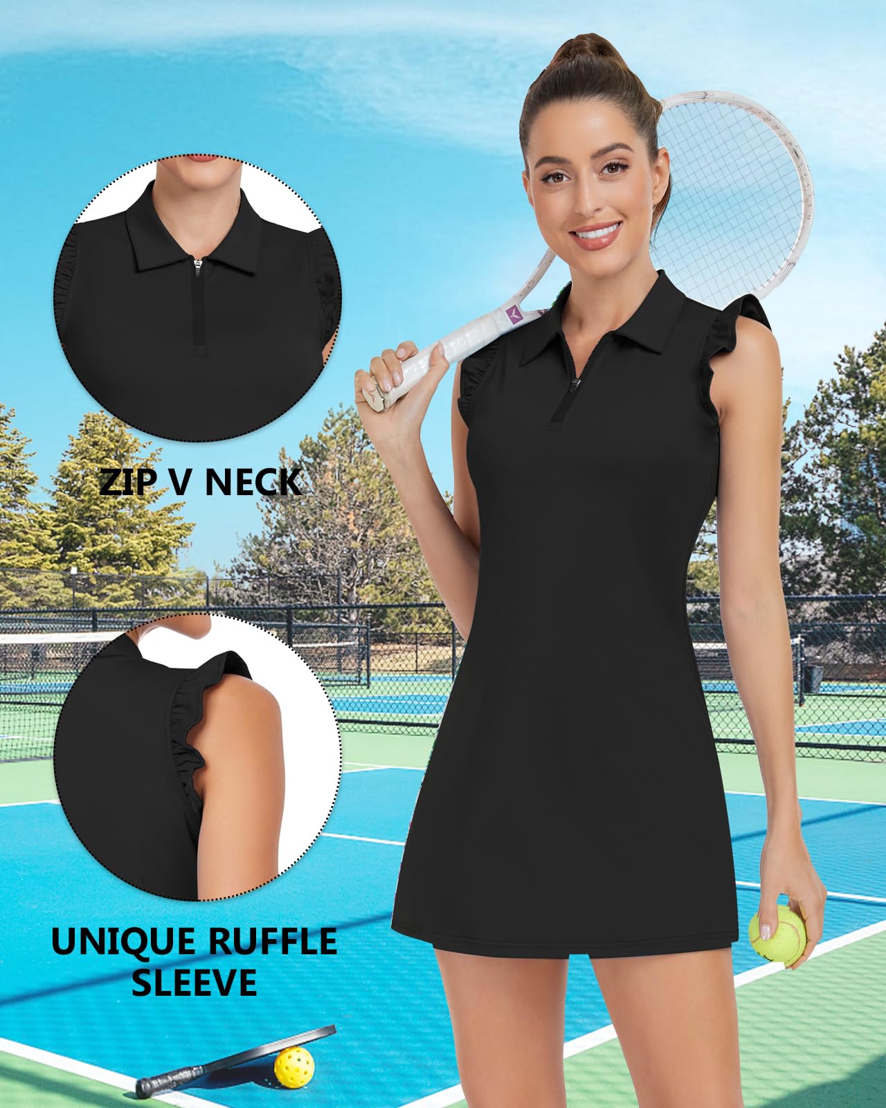 WOWENY Women's Petal Sleeve Tennis Dress - Golf & Athletic Workout Dress with Built-in Shorts & Pockets | Sleeveless Sports Dress for Tennis, Golf, Gym & Casual Wear