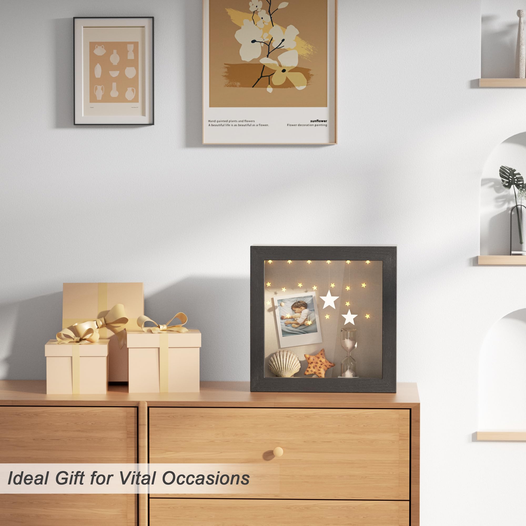 Love-KANKEI 8x8 Inch Wooden Shadow Box Frame with Glass Window - Display Case for Memorabilia, Awards, Medals & Photos - Perfect for Home Decor, Office Display & Gift Giving (Black)