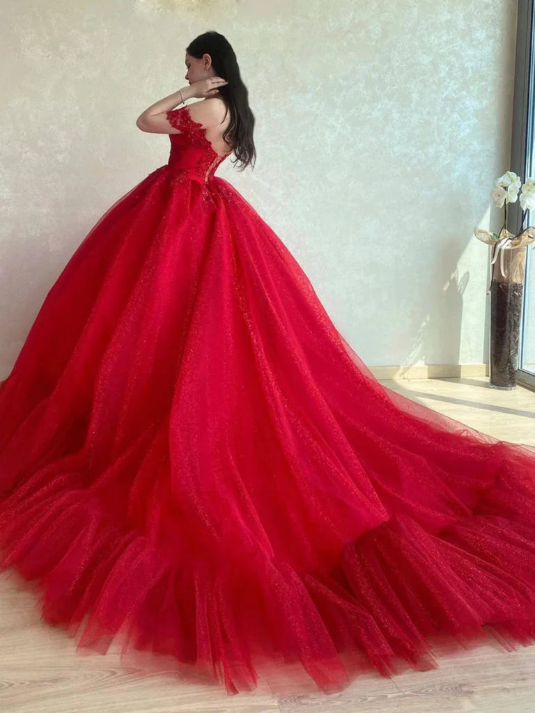 2025 Red Lace Off Shoulder Wedding Dress with Beaded Tulle & Sequin Details - Elegant Long Quinceanera Gown for Brides, Prom, and Special Occasions