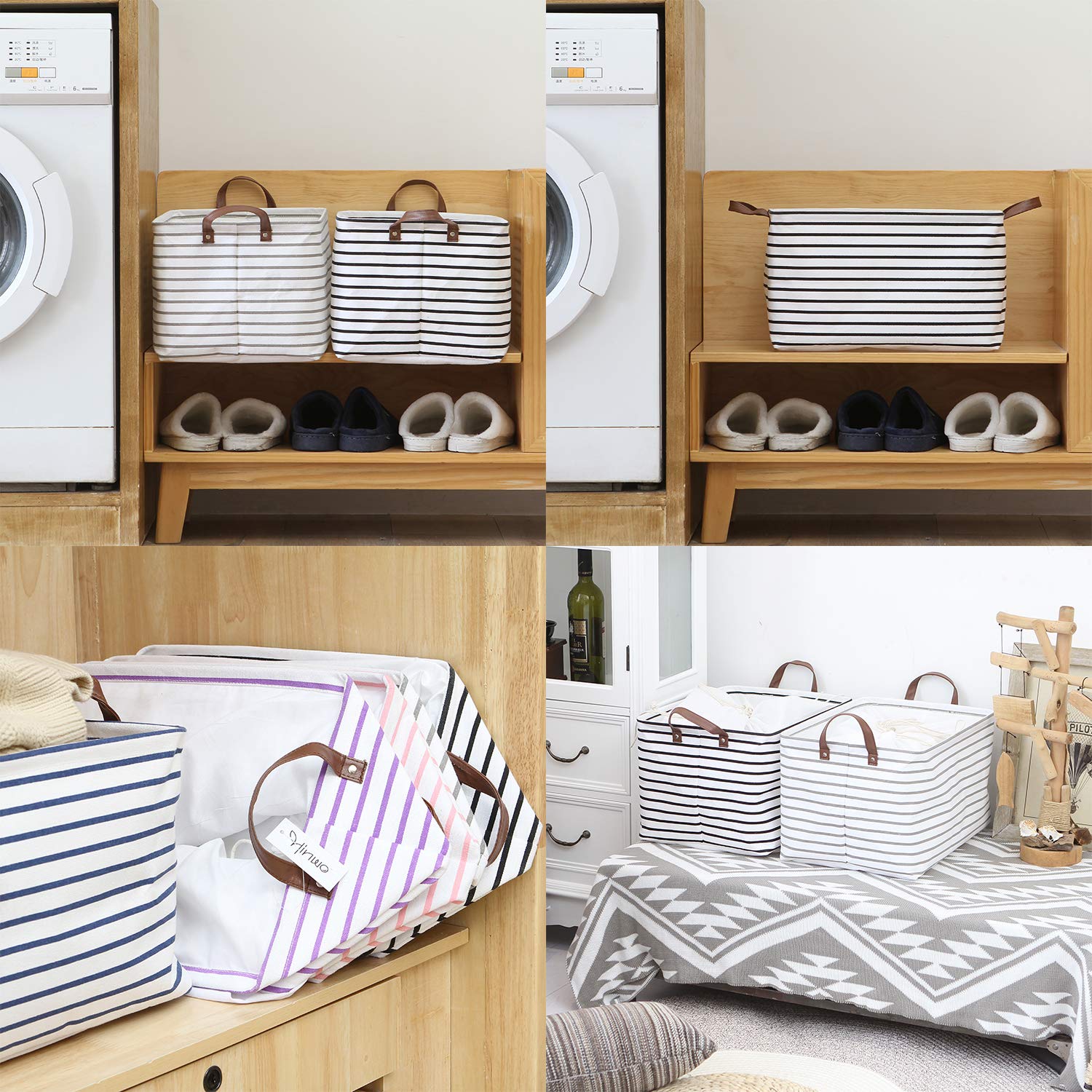 Hinwo 31L Foldable Storage Bins with Handles - Organize Clothes, Blankets & Toys (Black Stripe) for Home & Closet