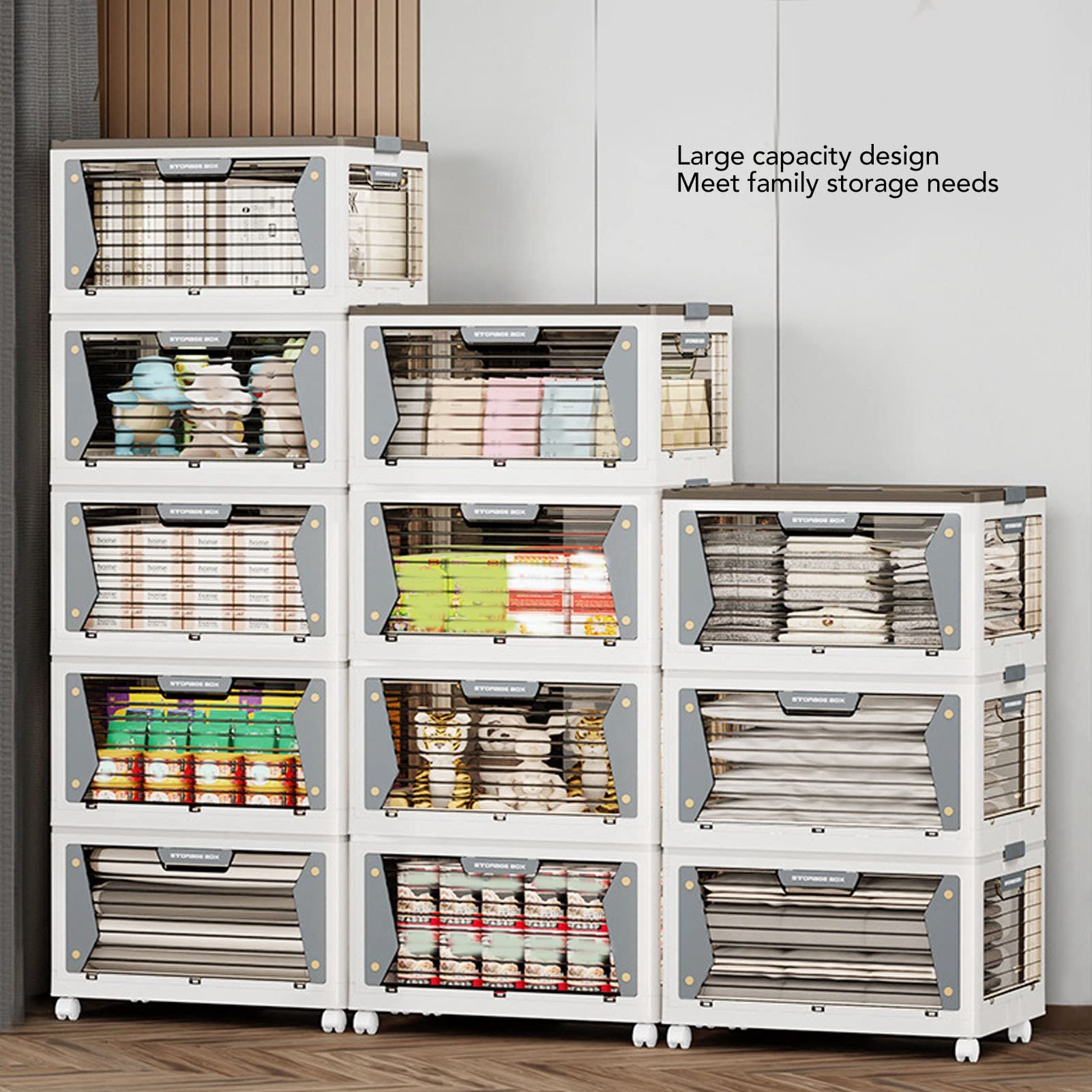Stackable Folding Storage Bins with Magnetic Suction & Wheels - 3-Tier Organizer Box for Home, Office, Closet & Kitchen Organization - Space Saving Storage Container for Toys, Clothes & Household Items