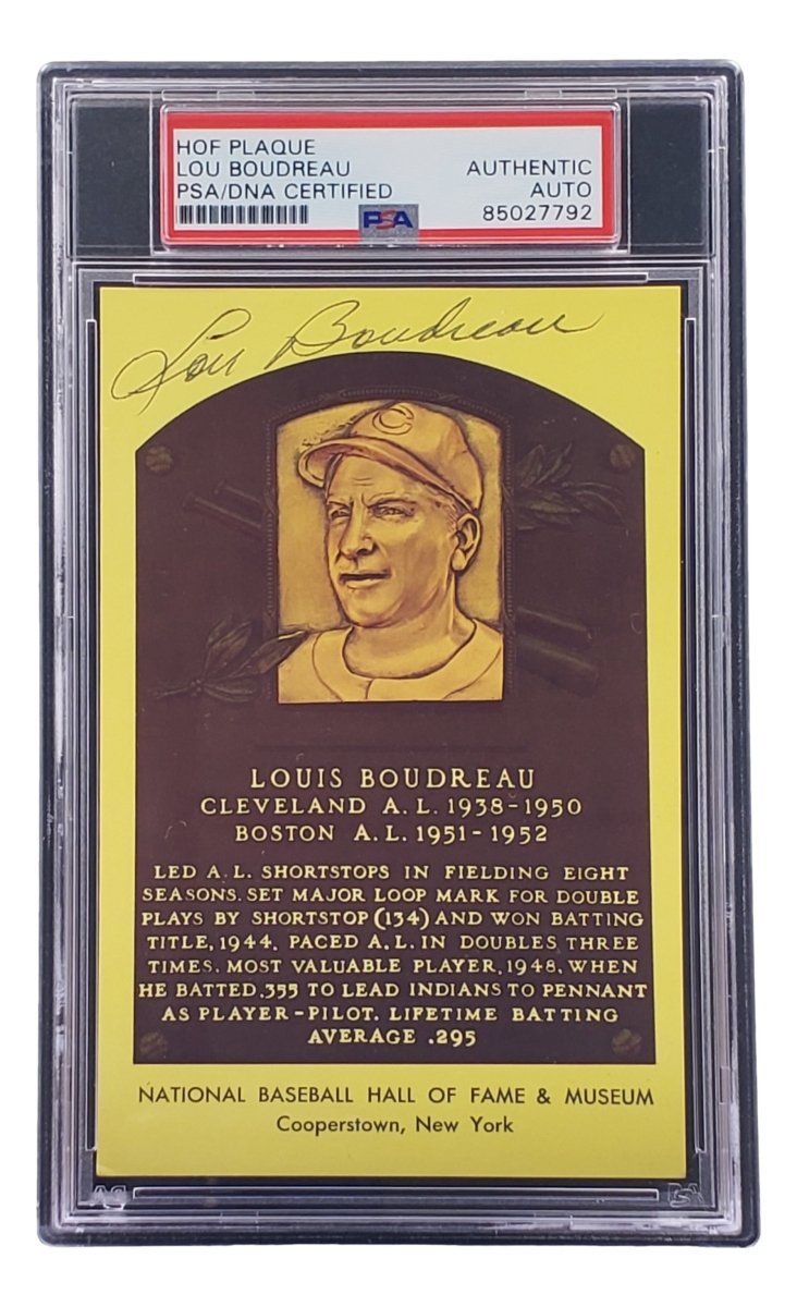 Lou Boudreau Autographed 4x6 Cleveland HOF Plaque Card with PSA/DNA Certification #85027792 - Perfect for Baseball Memorabilia Collectors and Cleveland Indians Fans Display