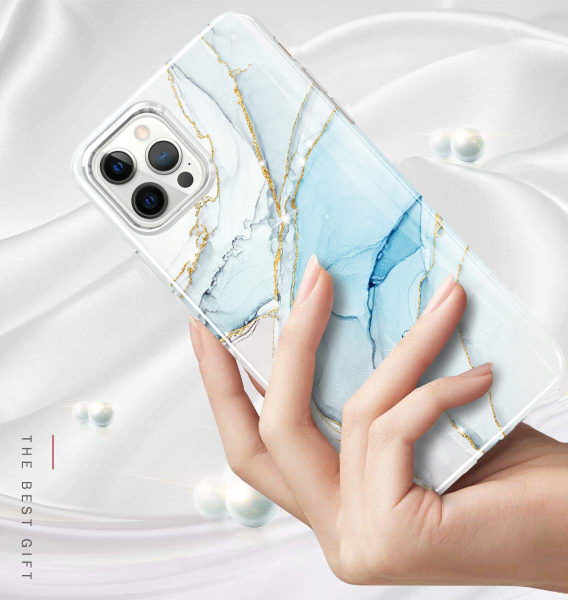 Luolnh iPhone 12 Pro Max Case - Gold Glitter Sparkle Marble Design, Shockproof Soft Silicone TPU Bumper Cover for Women (White & Blue) | Perfect for Everyday Protection & Fashion Accessory