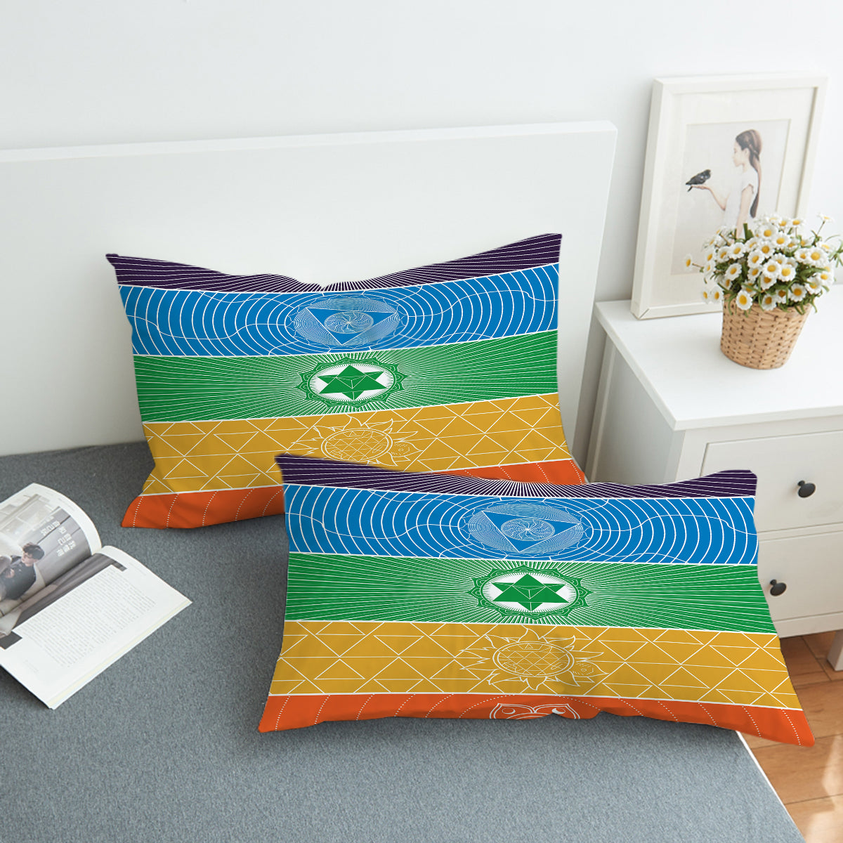 Chakra Yoga Bedding Set - Organic Cotton 7-Piece Spiritual Meditation Bed Sheets - Perfect for Yoga Retreats, Meditation Rooms & Holistic Healing Spaces