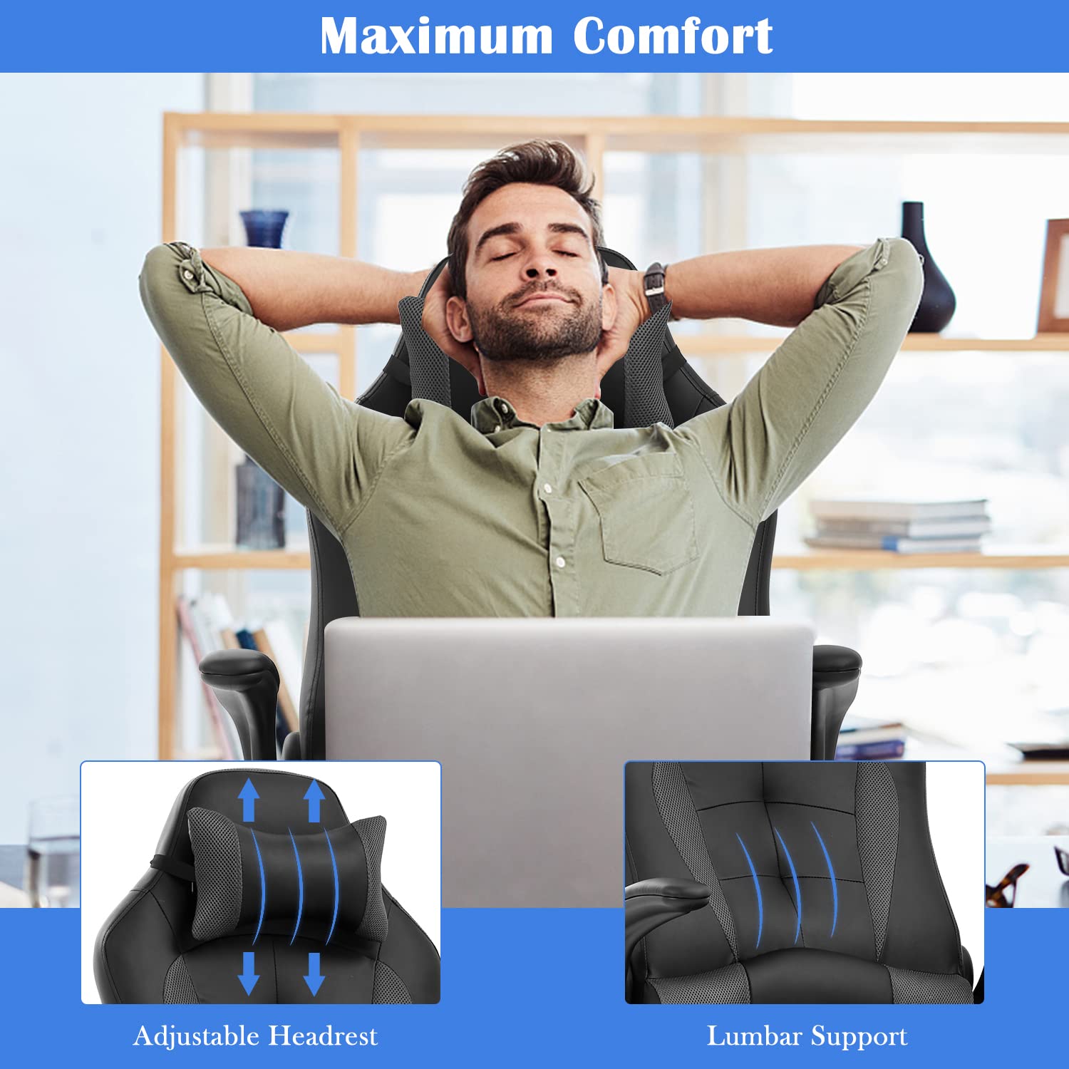 Ergonomic Gaming & Office Chair with Adjustable Headrest & Lumbar Support - High Back PU Leather Computer Desk Chair for Adults - Racing Style Swivel Task Chair with Wheels (Grey) - Perfect for Home Office, Gaming Setup & Workstations