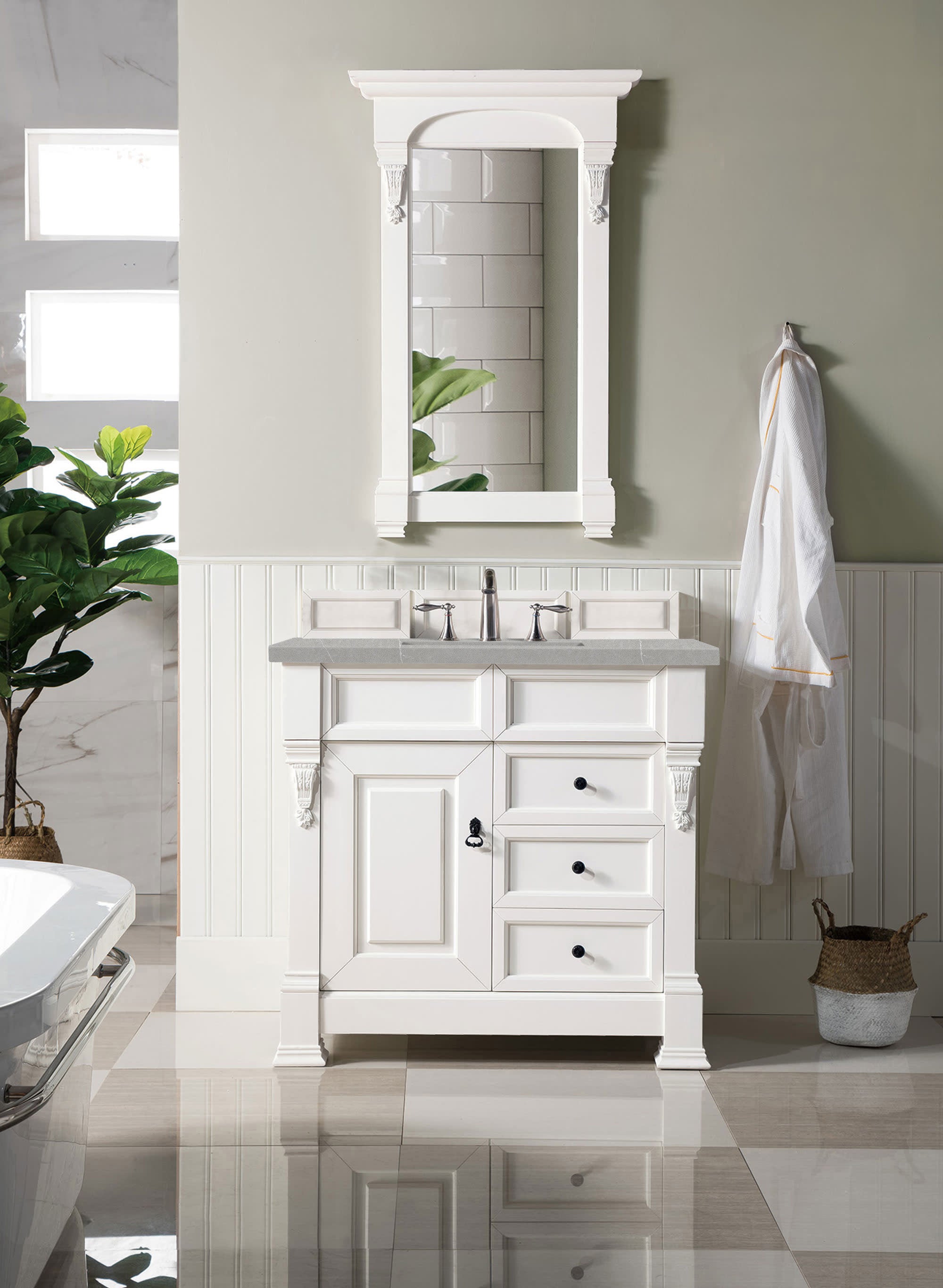 Brookfield 36 Inch Single Bathroom Vanity Set with Bright White Finish & 3CM Eternal Serena Quartz Countertop - Perfect for Modern Bathroom Remodeling and Small Space Design