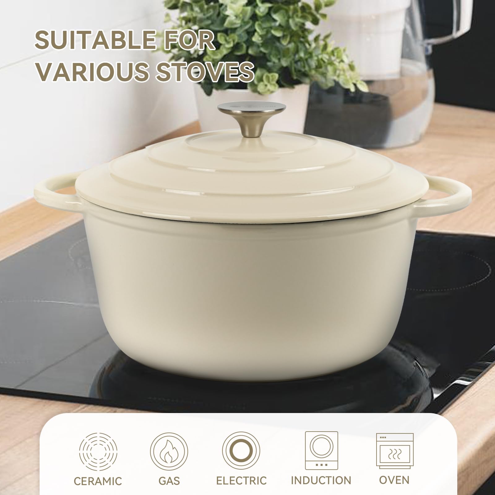 Gacuray 6 Quart Enameled Cast Iron Dutch Oven with Lid - Heavy Duty Non-Stick Cream White Pot, Dual Handles for Baking, Braising & Slow Cooking - Perfect for Soups, Stews, Roasts & Family Dinners
