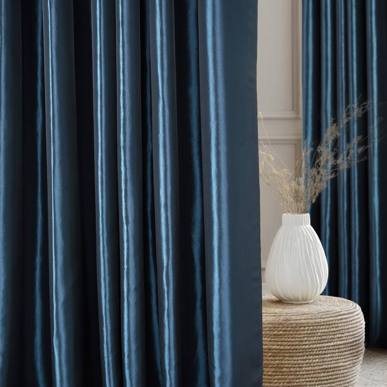 Navy Blue French Pleat Faux Silk Taffeta Blackout Curtains for Bedroom & Living Room - Light Blocking, Noise Reducing, Thermal Insulated Window Drapes