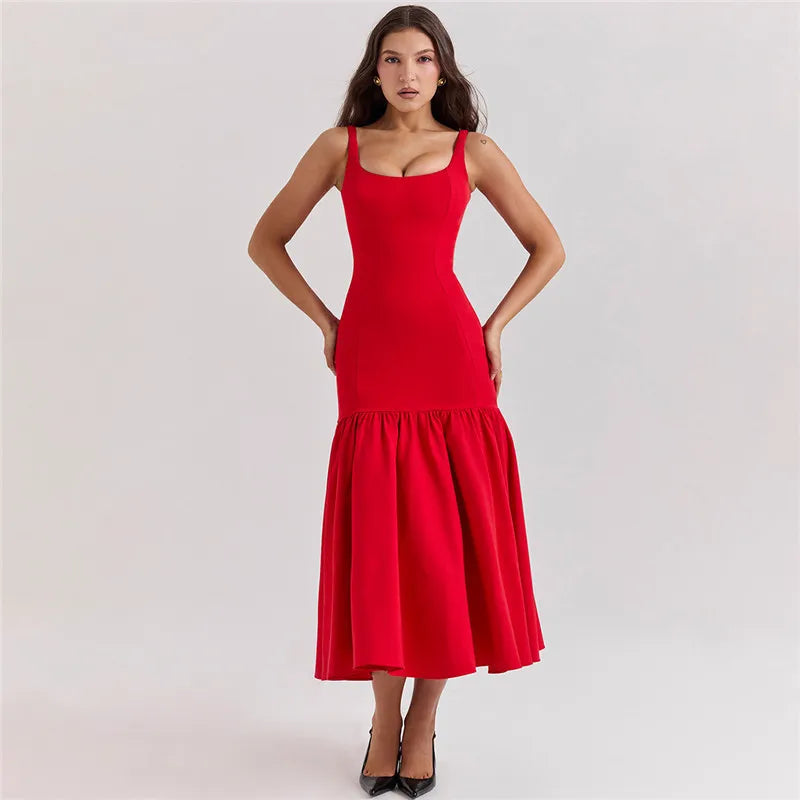 Elegant Backless Maxi Fishtail Dress for Women - Square Collar Sleeveless Loose Pleated Long Gown | Perfect for Evening Parties, Weddings & Special Occasions
