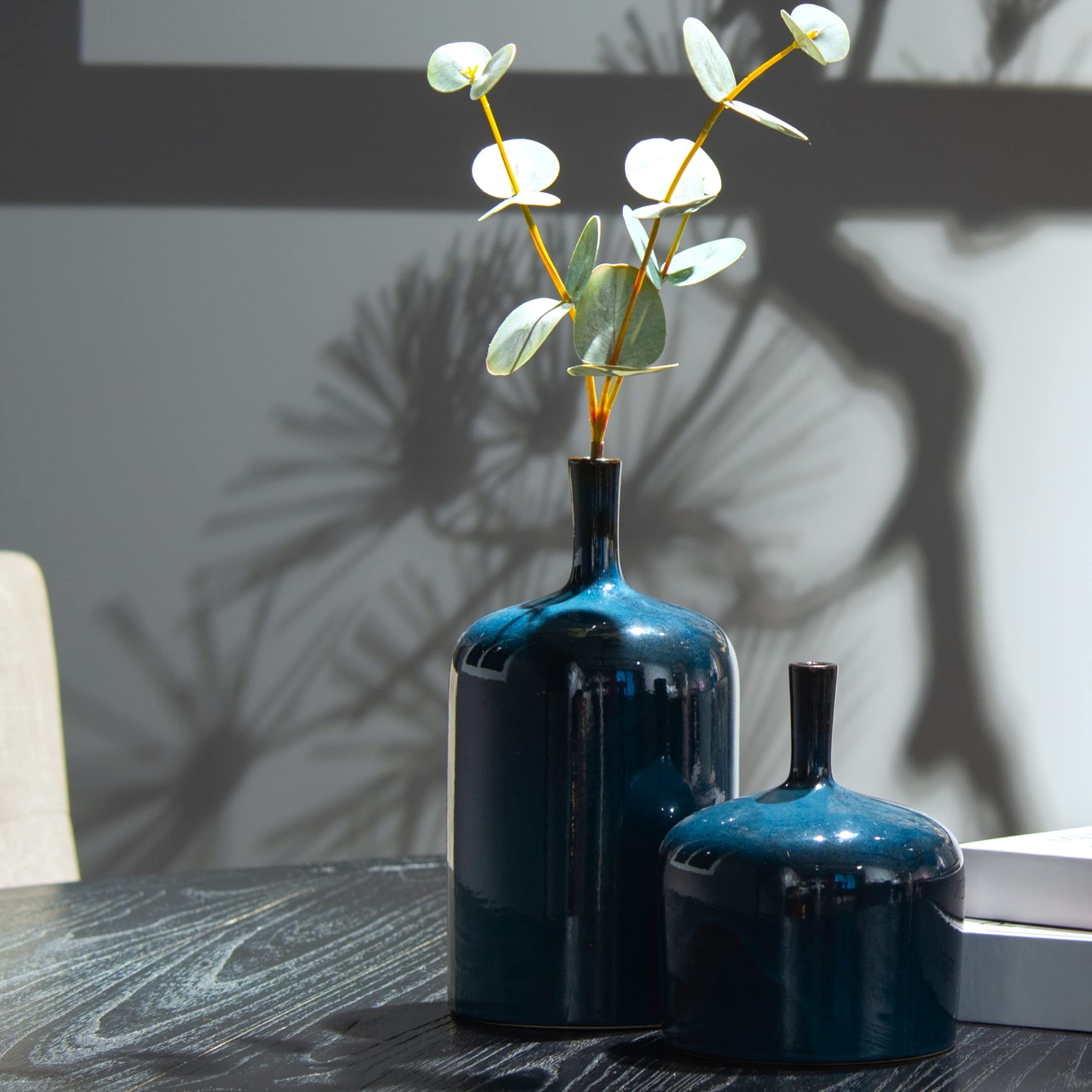Ceramic Vase Set of 2 - Modern Reactive Glaze Blue Flower Vases for Centerpieces, Long Neck Home Decor for Bedroom, Kitchen, Dining Table | Perfect for Wedding, Housewarming & Farmhouse Decor