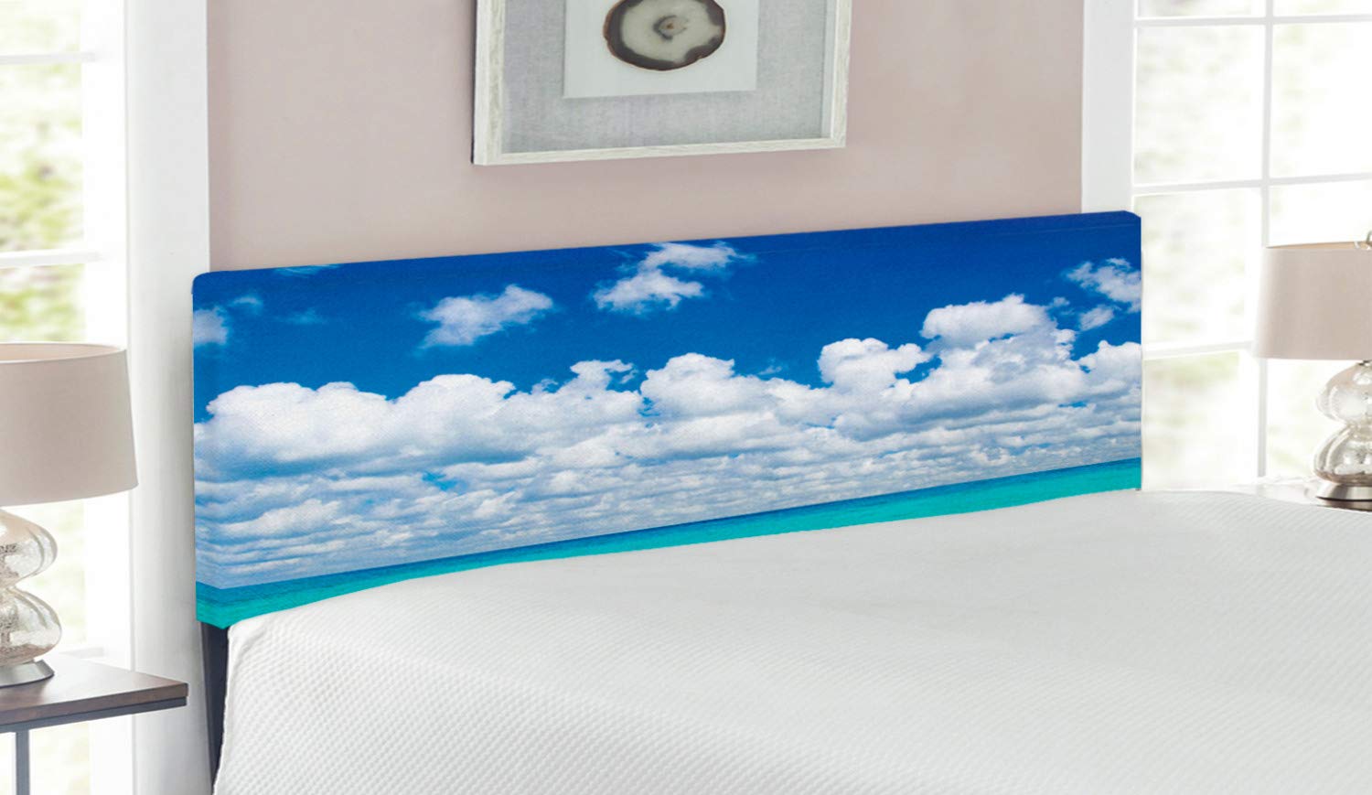 Ambesonne Ocean Queen Size Headboard - Tropical Hawaiian Beach Scenery with Clouds, Turquoise & White Upholstered Metal Bed Frame with Memory Foam | Perfect for Coastal, Boho & Bedroom Decor