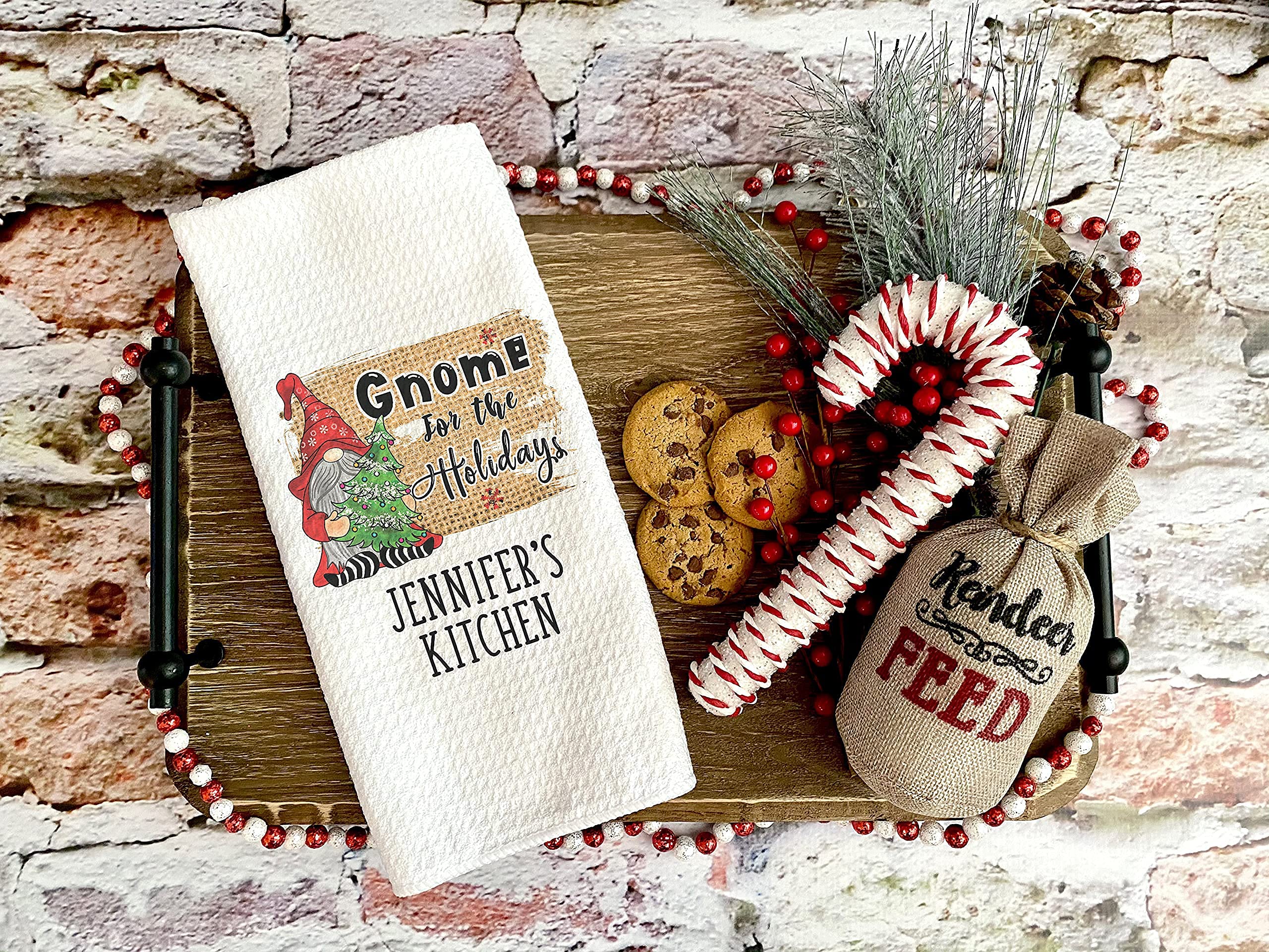 Custom Holiday Gnome Towel | Personalized Christmas Waffle Weave Dish Towel | Kitchen Towel Set | Housewarming & Christmas Gift for Women | Perfect for Holiday Decor & Kitchen Use