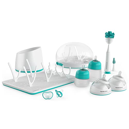 Nanobebe Baby Bottle Ultimate Feeding and Cleaning Set - Breast Milk & Formula Bottles with Cleaning Brush & Soother - Newborn, Infant & Baby Essentials - Perfect Baby Shower Registry Gift (Teal) - Ideal for Daycare, Travel & On-the-Go Feeding