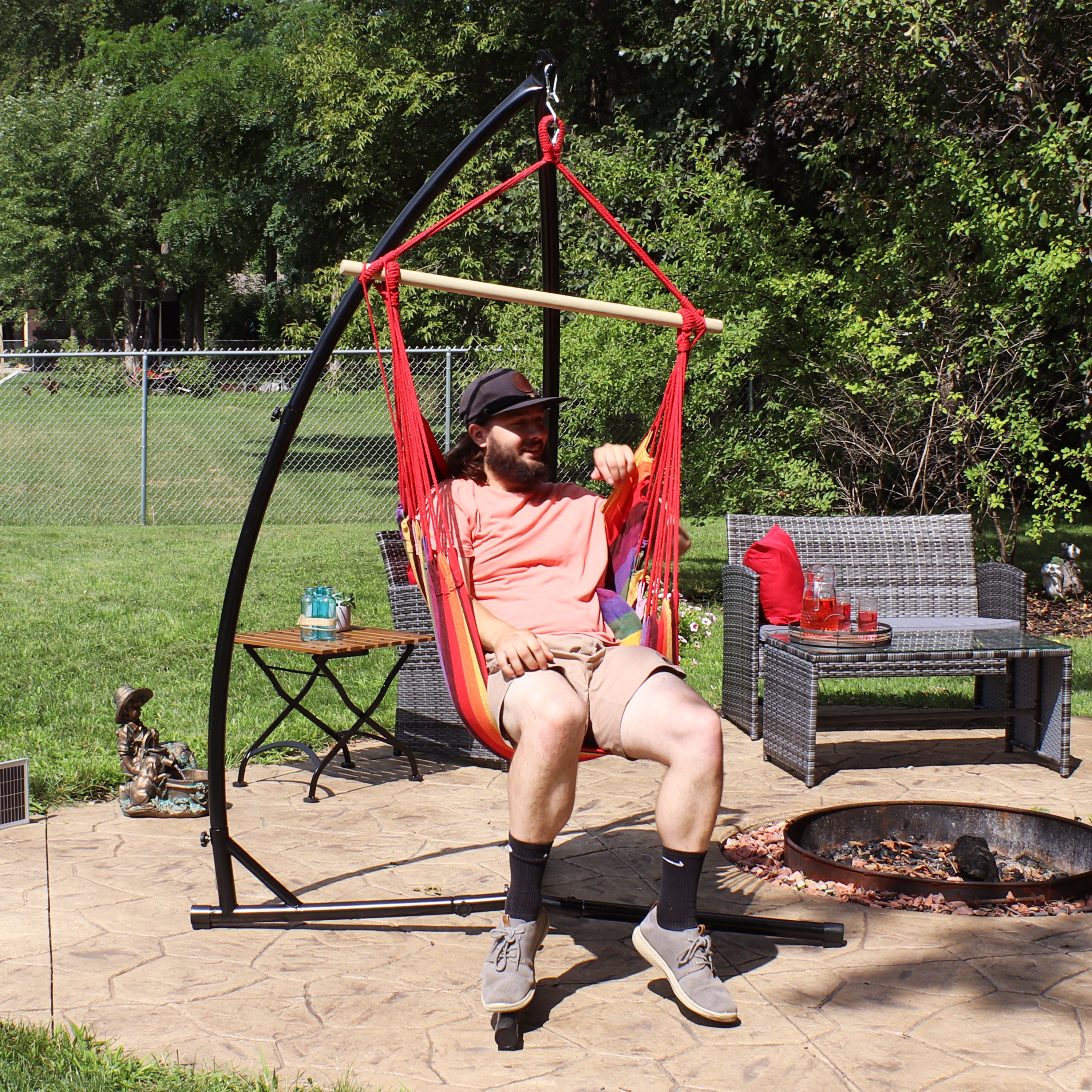 Sunnydaze Outdoor Hanging Hammock Chair Swing with X Stand Set - Comfortable Patio, Garden & Backyard Relaxation - Perfect for Reading, Lounging & Sunset Views