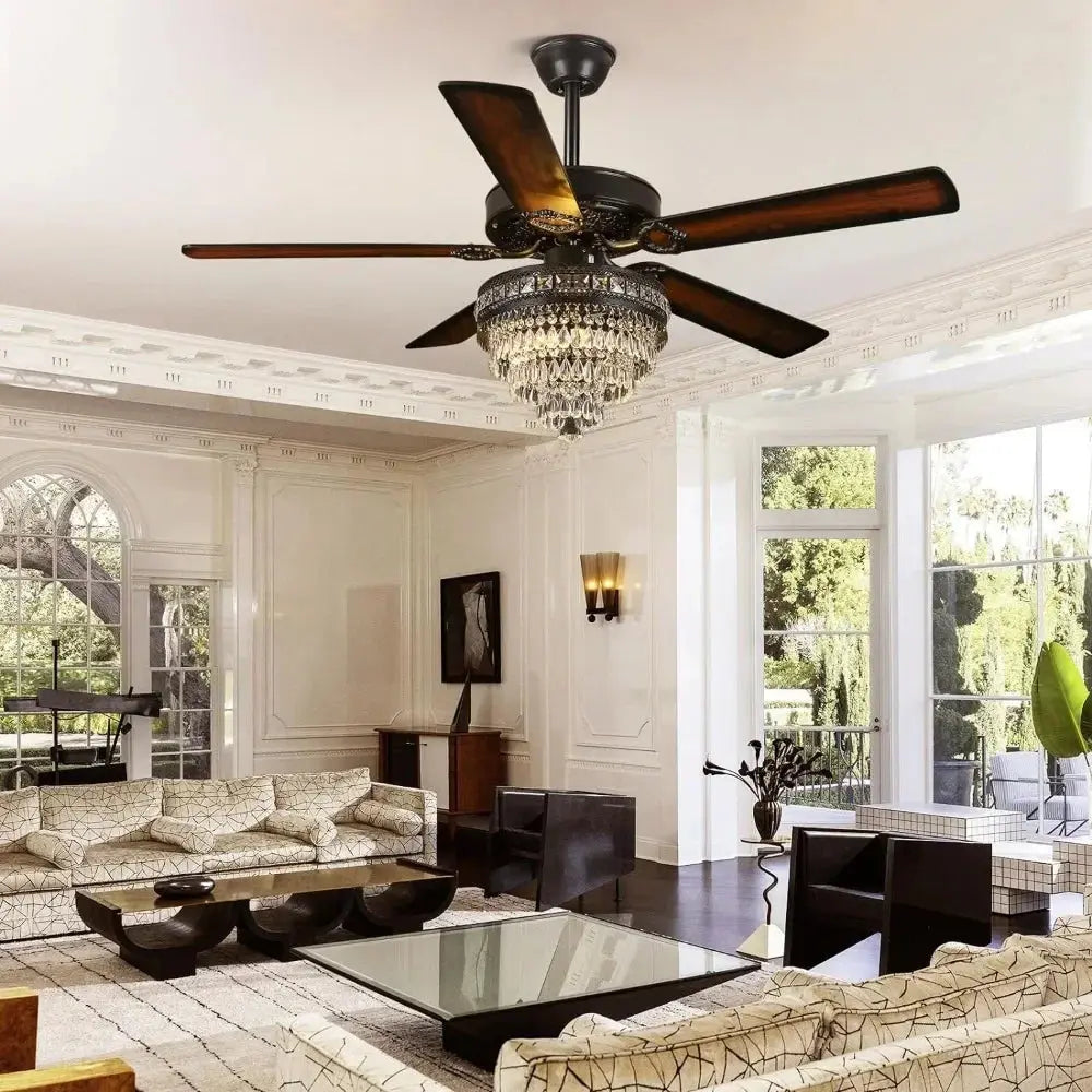 5-Blade Remote Control Crystal Ceiling Fan with LED Light Kit - Modern Home Cooling & Lighting Solution for Bedroom, Living Room, and Office