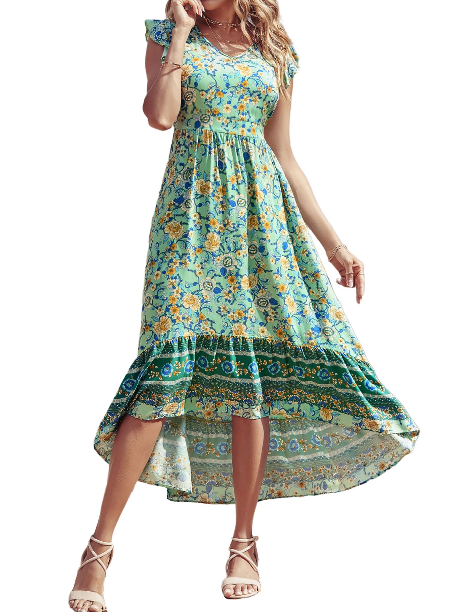 PRETTYGARDEN Women's Summer Maxi Dress 2025 - Floral Print V-Neck Boho Beach Dress with Cap Sleeves, Flowy High-Low Hem in Green & Yellow | Perfect for Vacations, Beach Parties and Casual Outings
