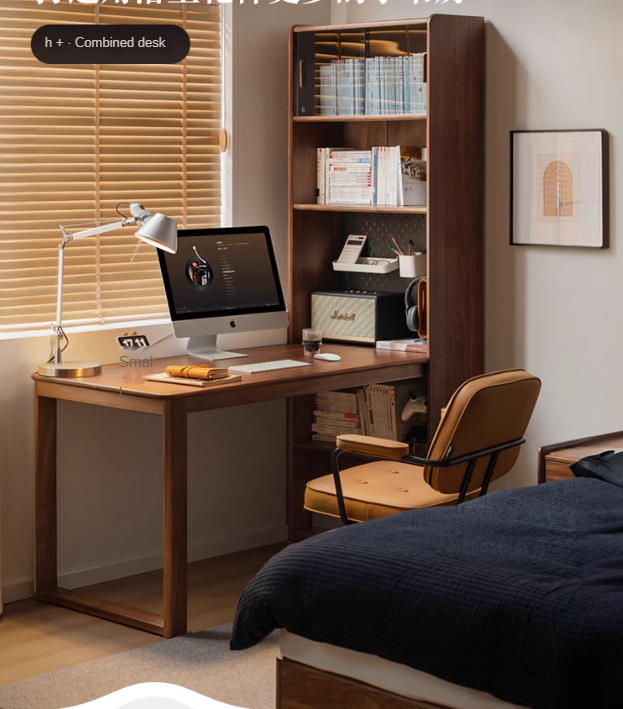 Premium Black Walnut Solid Wood Storage Cabinet with Integrated Office Desk - Modern Light Luxury Style for Home Office & Living Room Organization