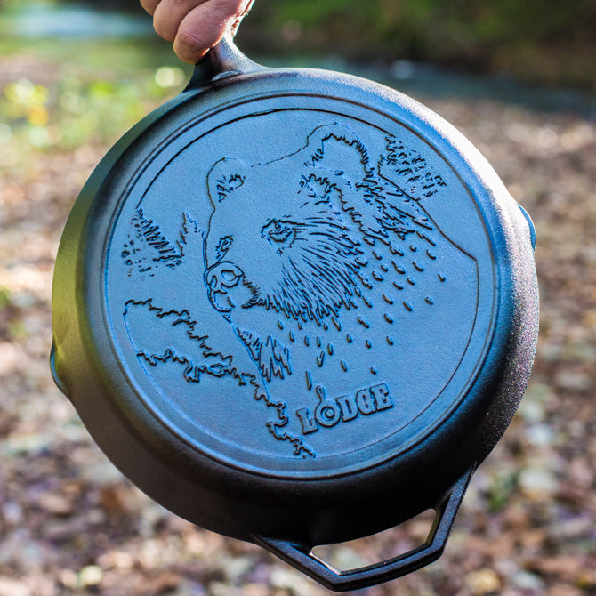 Lodge 12 Inch Cast Iron Skillet with Bear Design - Pre-Seasoned, Heavy Duty Cookware for Camping, Grilling & Outdoor Cooking (Free Shipping)