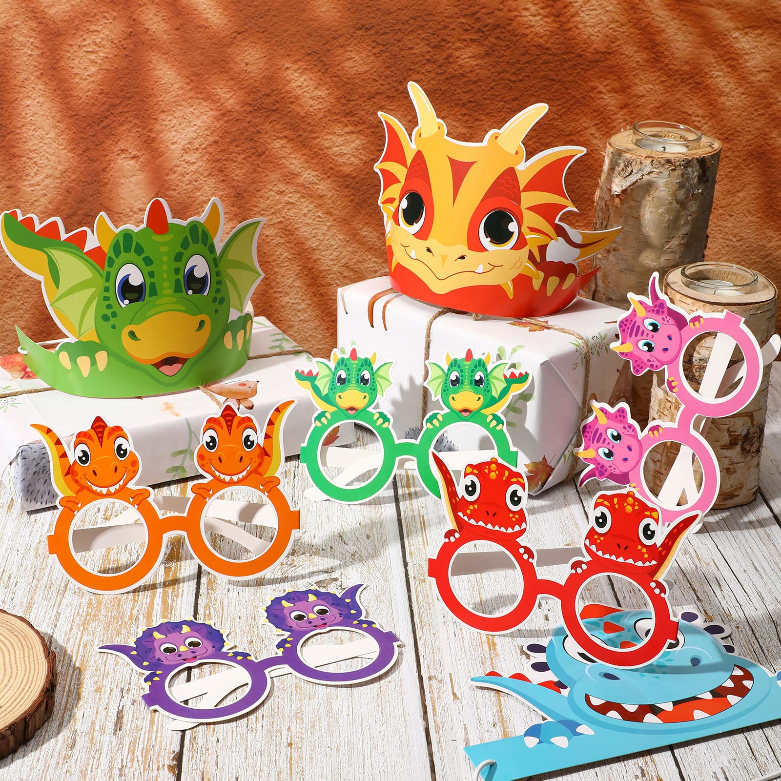 48-Piece Dinosaur Birthday Party Supplies Set - Includes Dino Paper Hats, Adjustable Sunglasses & 24 Ropes - Perfect for Kids' Dinosaur Theme Parties, Christmas Gifts & Photo Props - Great for Birthday Decorations, Classroom Activities & Jurassic-Themed Events