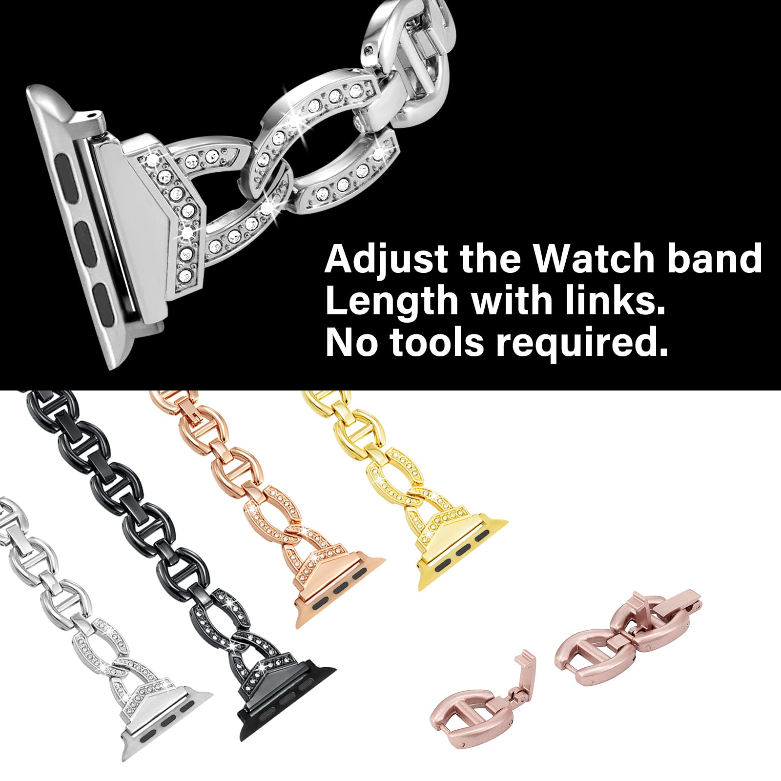 Premium Metal Watch Bands Compatible with Apple Watch 38mm 40mm 41mm 42mm 44mm 45mm SE SE2 iWatch Series 8 7 6 5 4 3 2 1 - Bling Diamond Bracelet for Women - Elegant Replacement Strap for Work, Party & Daily Wear