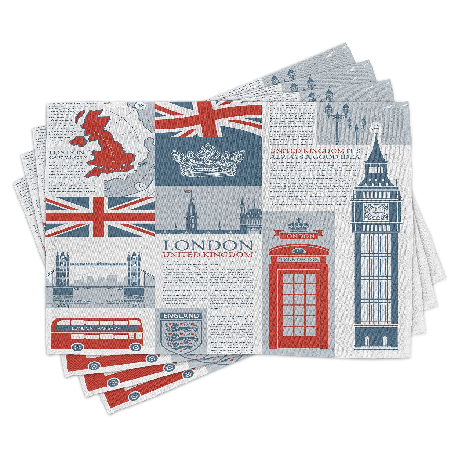Ambesonne Set of 4 Phone Booth Themed Placemats - London UK Landmarks & Flags Design, Washable Fabric Table Mats for Dining Room & Kitchen Decor in Slate Brown, Vermilion, Pale Blue Grey | Perfect for British-Themed Parties, Tea Time & Home Decor