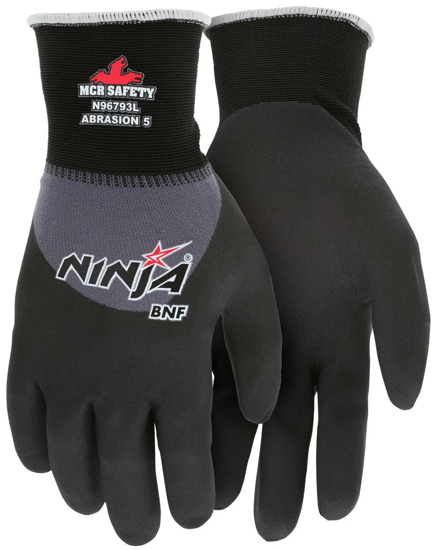 MCR Safety N96793L Ninja BNF Work Gloves - 15 Gauge Nylon/Spandex Shell with NFT Coated Knuckle Palm - Large Size, Black - Ideal for Construction, Warehouse & DIY Projects