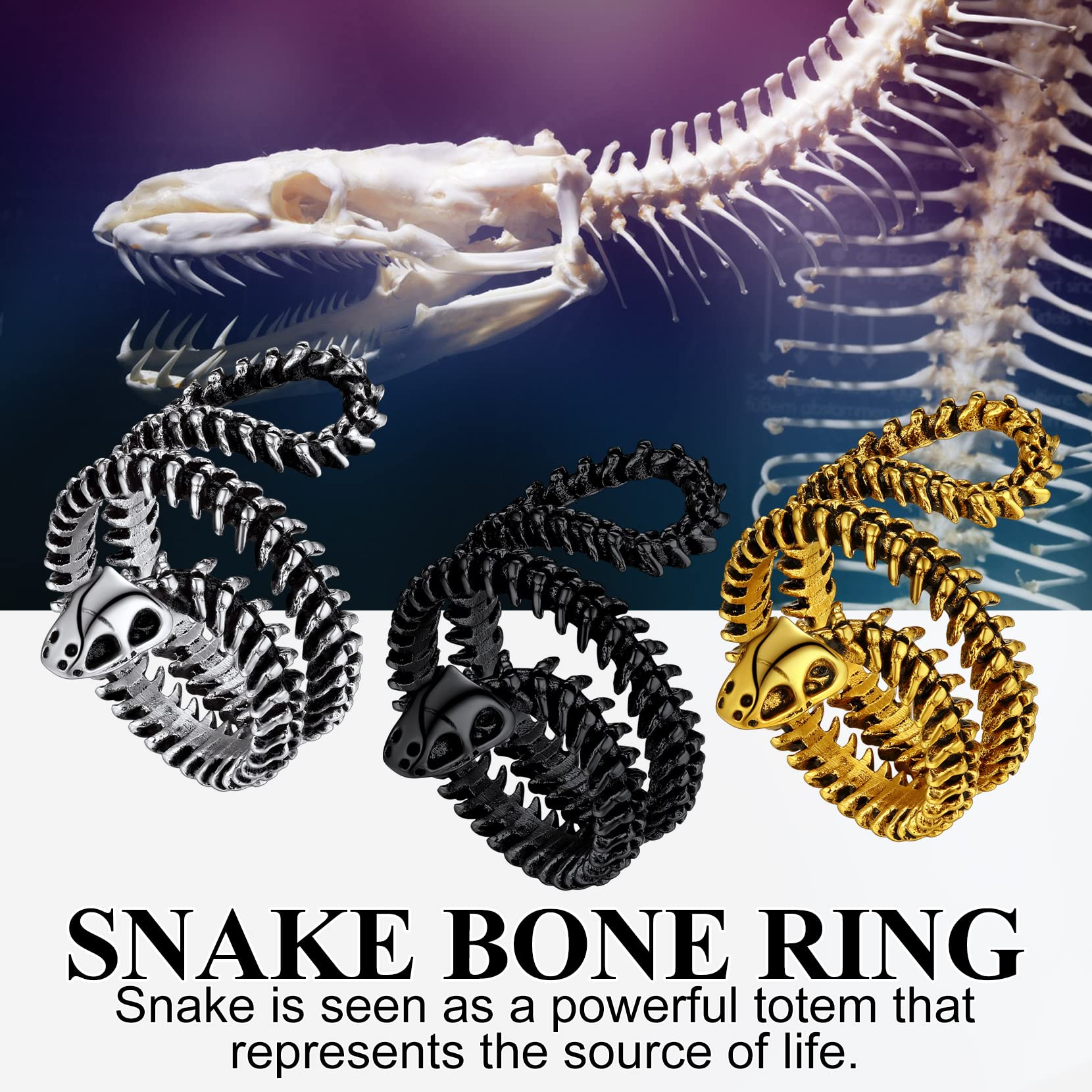 Stainless Steel/Gold Plated/Black Snake Vertebrae Loop Bone Cast Ring for Men & Women - Punk Gothic Biker Jewelry with Gift Box - Perfect for Halloween, Gothic Parties & Alternative Fashion