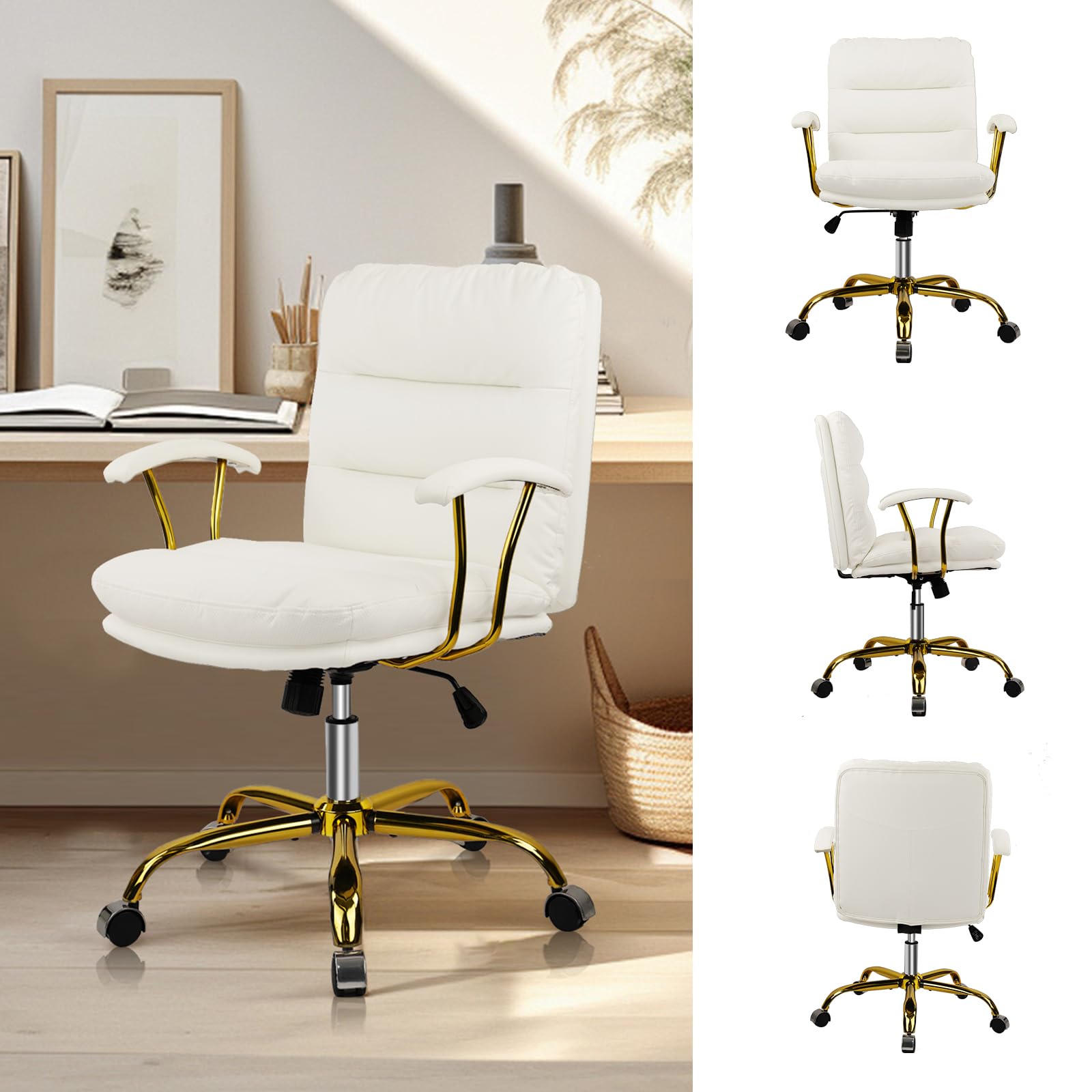 Ergonomic Office Desk Chair with Wheels & Adjustable Arms - Faux Leather Computer Chair for Home, Bedroom & Office - White Chair with Gold Casters (300lb Weight Capacity) - Perfect for Long Work Hours, Gaming & Study Sessions