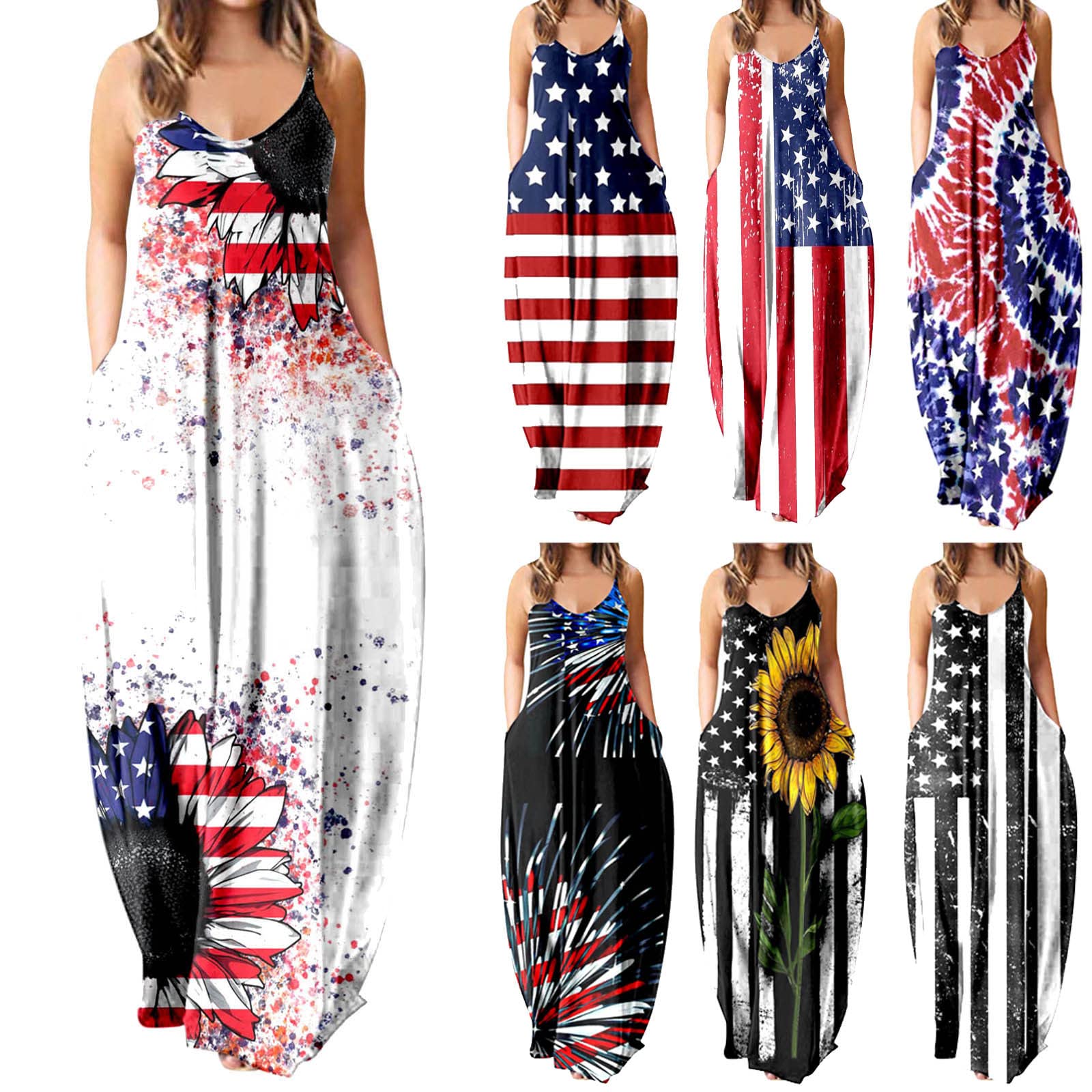 HDgTSA Women's Plus Size Sleeveless Loose Fit Long Maxi Dress with Pockets - 4th of July American Flag Print Casual Summer Dress for Beach, Picnic & Independence Day Celebrations