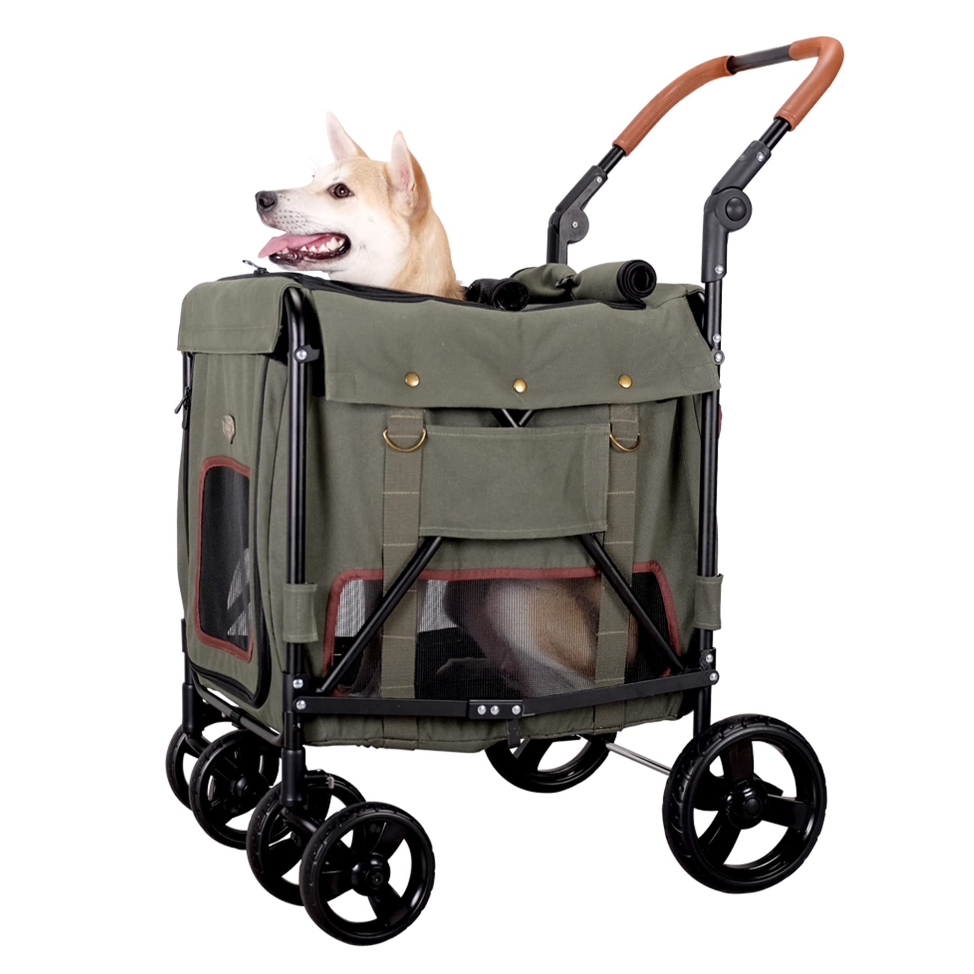 iBiyaya Heavy Duty Dog Stroller for Medium & Large Dogs - Detachable Carrier Bag with Top/Front Entry - Army Green Pet Wagon | Perfect for Outdoor Walks, Vet Visits & Travel with Your Gentle Giant