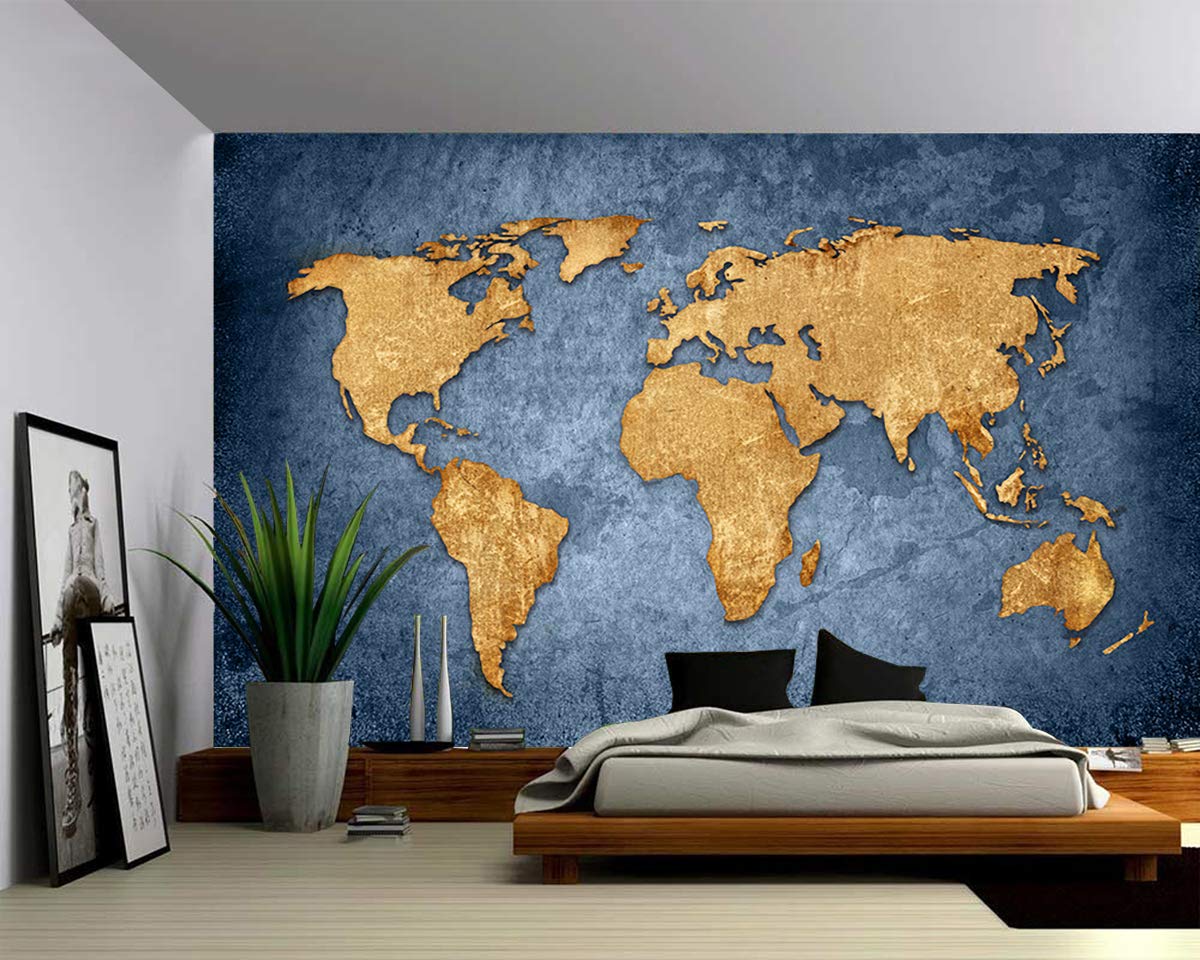 Blue Grey World Map Self-Adhesive Vinyl Wallpaper - Peel & Stick Fabric Wall Decal with Canvas Texture - 48x36 inches - Perfect for Home Office, Living Room & Bedroom Decor