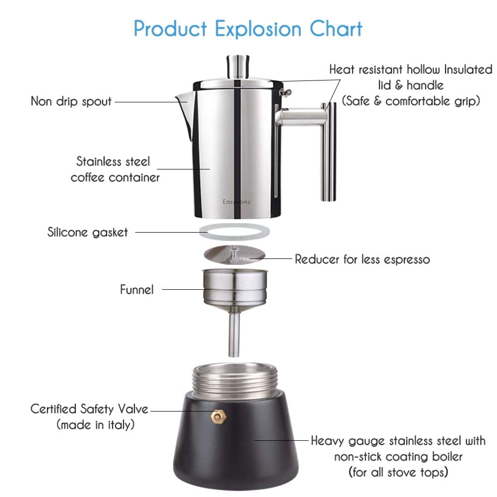 Easyworkz Diego Stovetop Espresso Maker - 6 Cup Stainless Steel Moka Pot for Induction & Gas Stoves - Italian Coffee Machine for Rich Espresso at Home (10oz) - Perfect for Camping, Office & Gifts