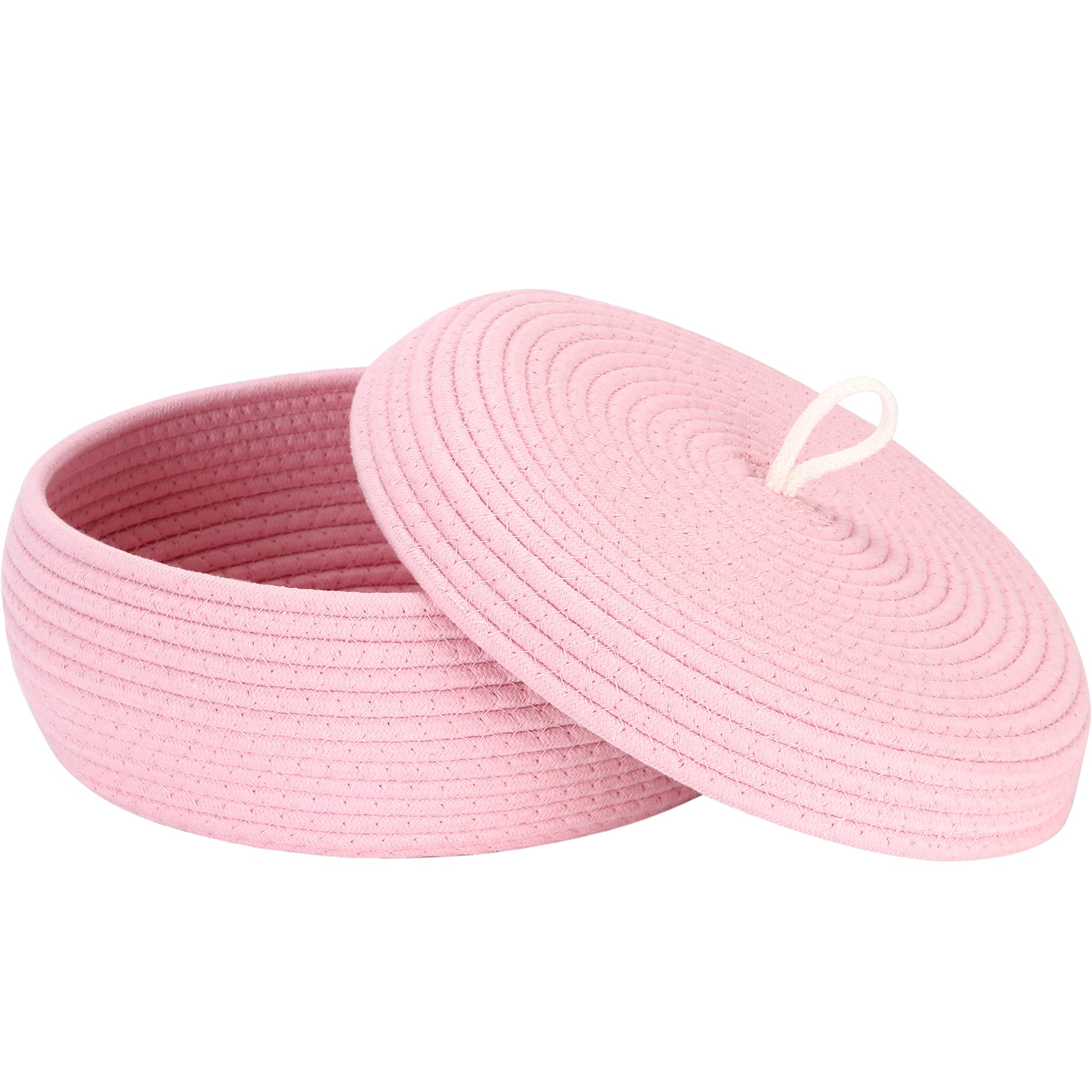 Sea Team Round Cotton Rope Storage Basket with Lid - Decorative Woven Organizer Bin for Home, Nursery & Office - Perfect for Snacks, Towels, Plants & Toys - 13 x 5.5 Inch Large Shallow Pink Storage Container