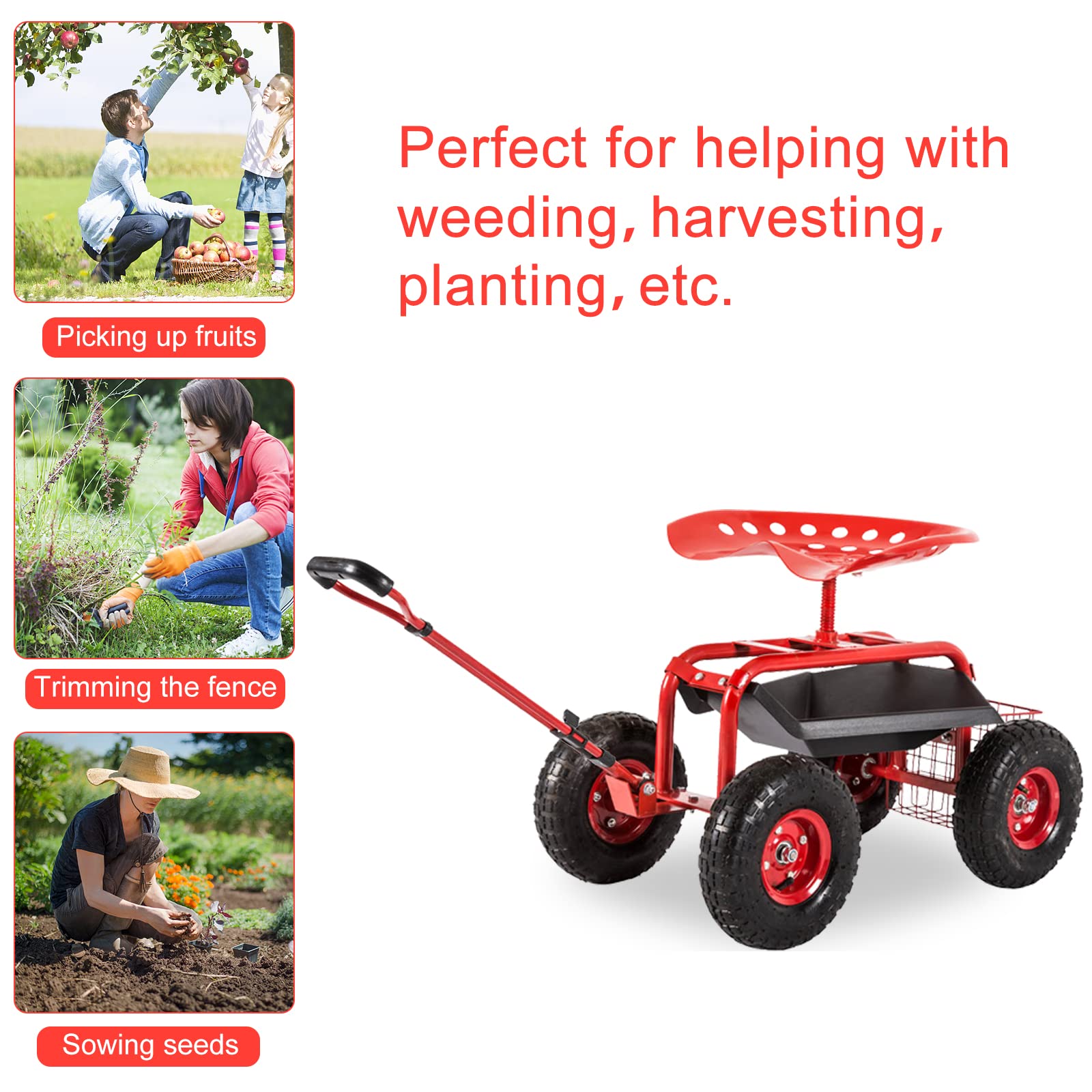 Kinfant Rolling Garden Cart Scooter Stool - Heavy Duty Wheeled Gardening Cart with Adjustable Handle & 360° Swivel Seat | Perfect for Outdoor Gardening, Landscaping & Yard Work (Red)