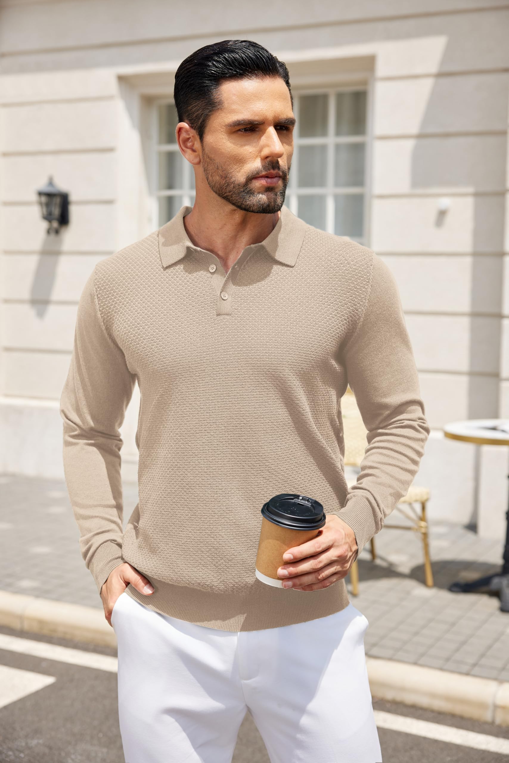 COOFANDY Men's Long Sleeve Knit Polo Sweater - Casual Quarter Button Collared Pullover for Golf & Business - Soft Waffle Textured Cotton Blend (Perfect for Office, Golf Outings & Smart Casual Wear)