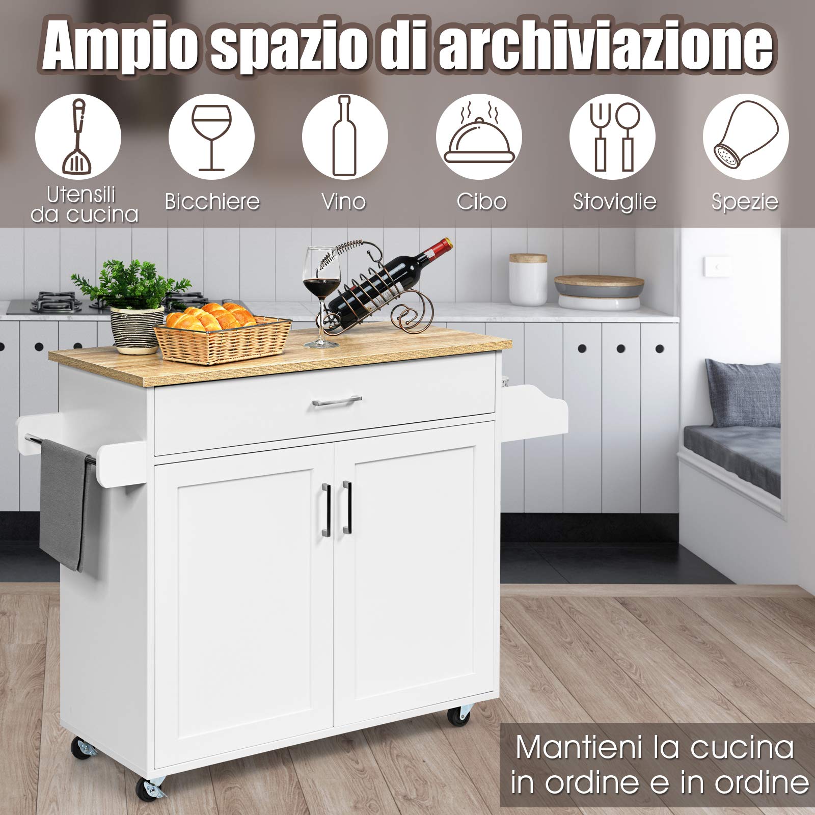 COSTWAY Wooden Kitchen Trolley with Microwave Shelf & Rubber Wheels, 45.7