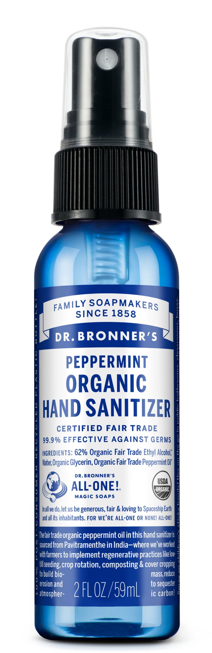 Dr. Bronner's Organic Peppermint Hand Sanitizer - USDA Certified Organic, Alcohol-Based, Moisturizing & Refreshing - Perfect for Travel, Office & On-the-Go Hygiene
