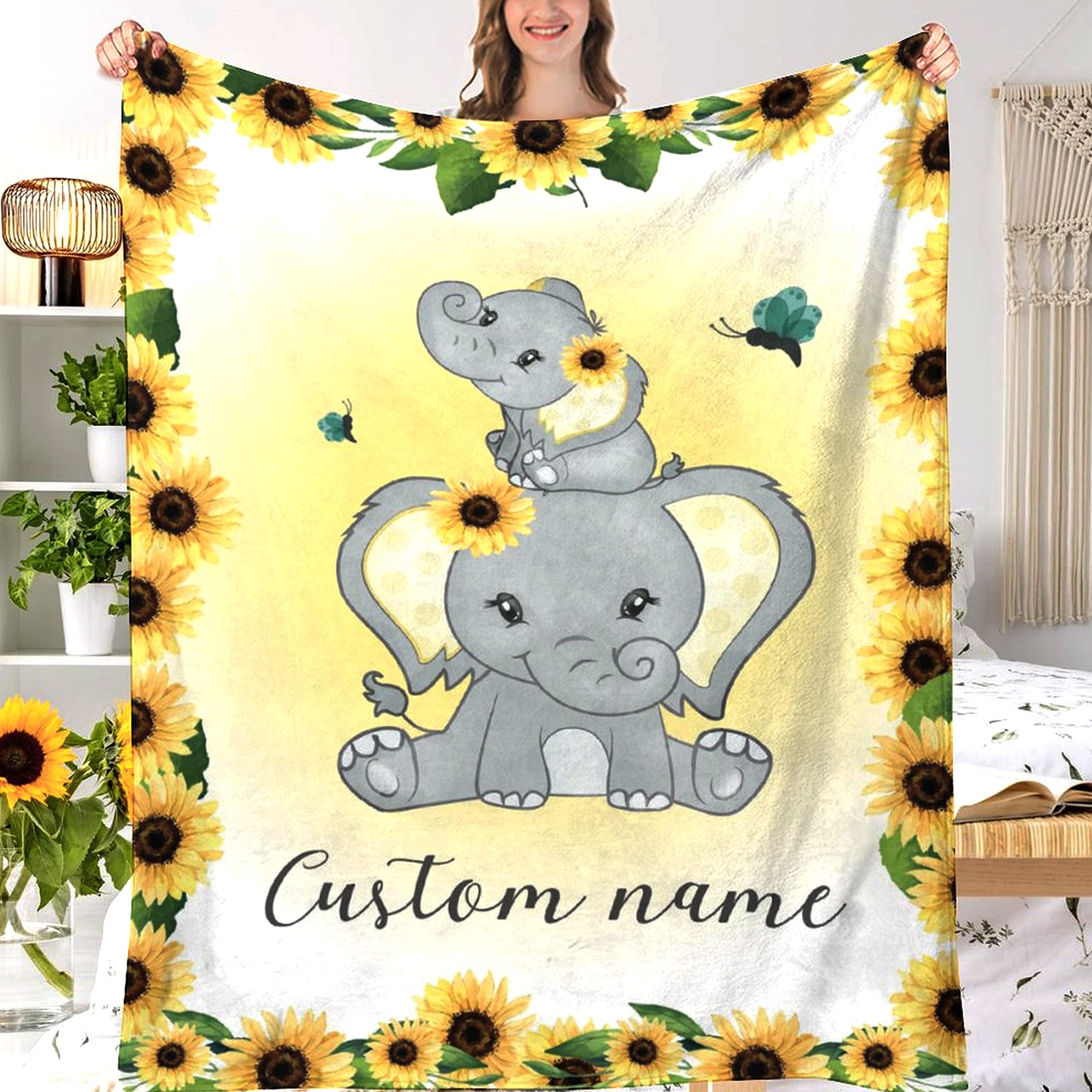 Personalized Baby Blanket with Name - Custom Elephant & Sunflower Design for Boys & Girls | Soft Lightweight Swaddling Blanket (90x120in) | Perfect for Nursery, Toddler Gifts, Birthday Presents & Photo Shoots