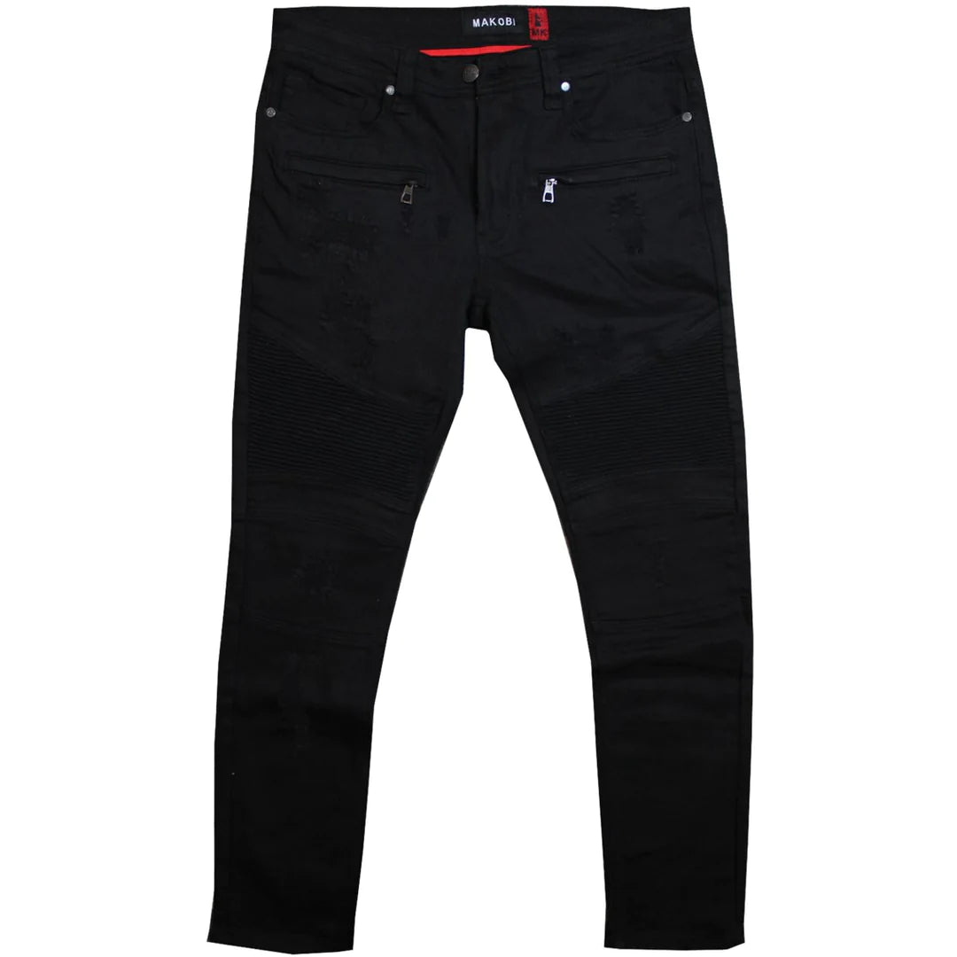 Makobi M1786 MAKOBI PRADO Biker Jeans for Men - Distressed Rip & Repair Design in Black/Black | Motorcycle Riding, Casual Streetwear, Urban Fashion