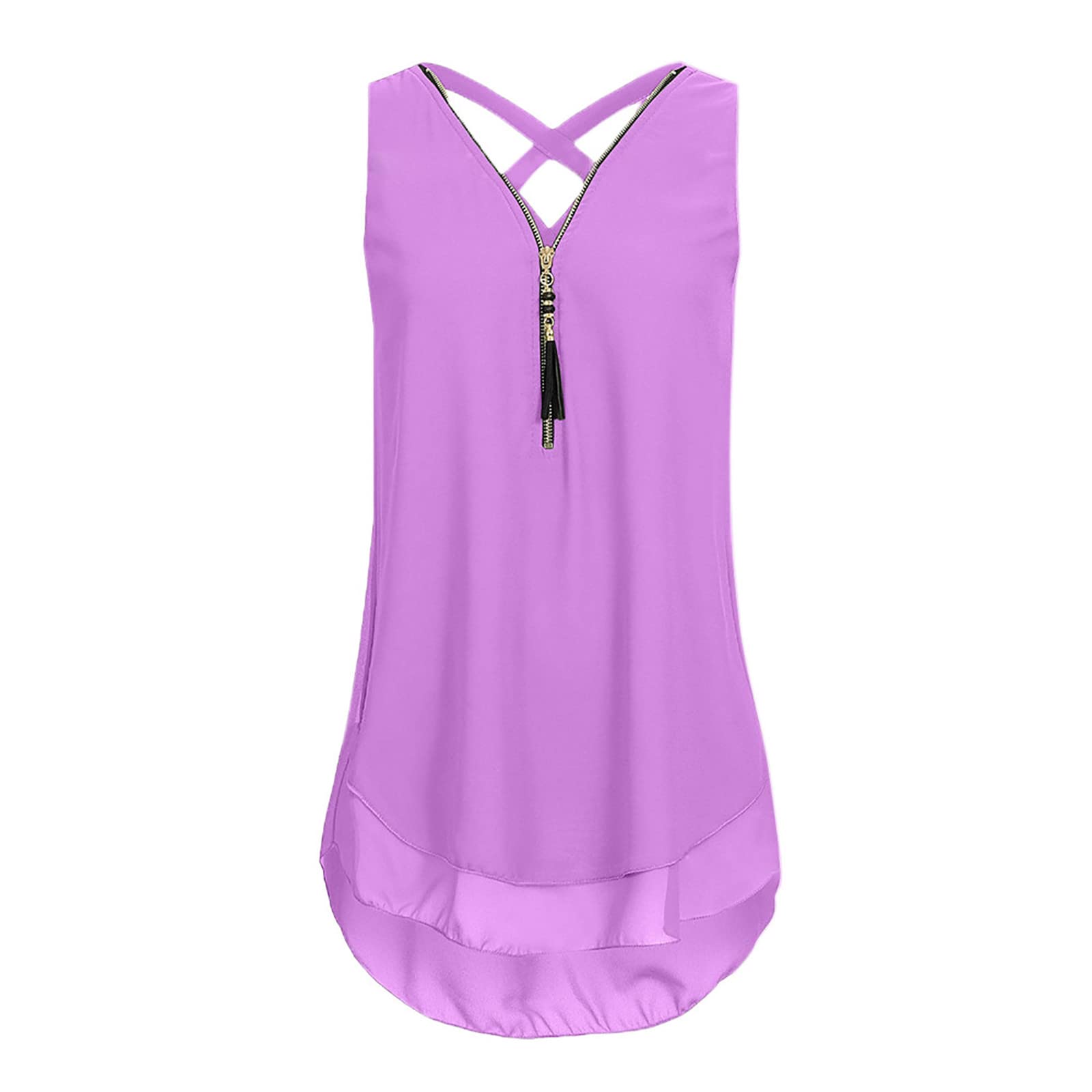 Women's Loose Sleeveless Tank Top - Cross Back Design with Layered Hem & V-Neck Zipper Detail - Casual Summer Tops for Beach, Yoga, and Everyday Wear