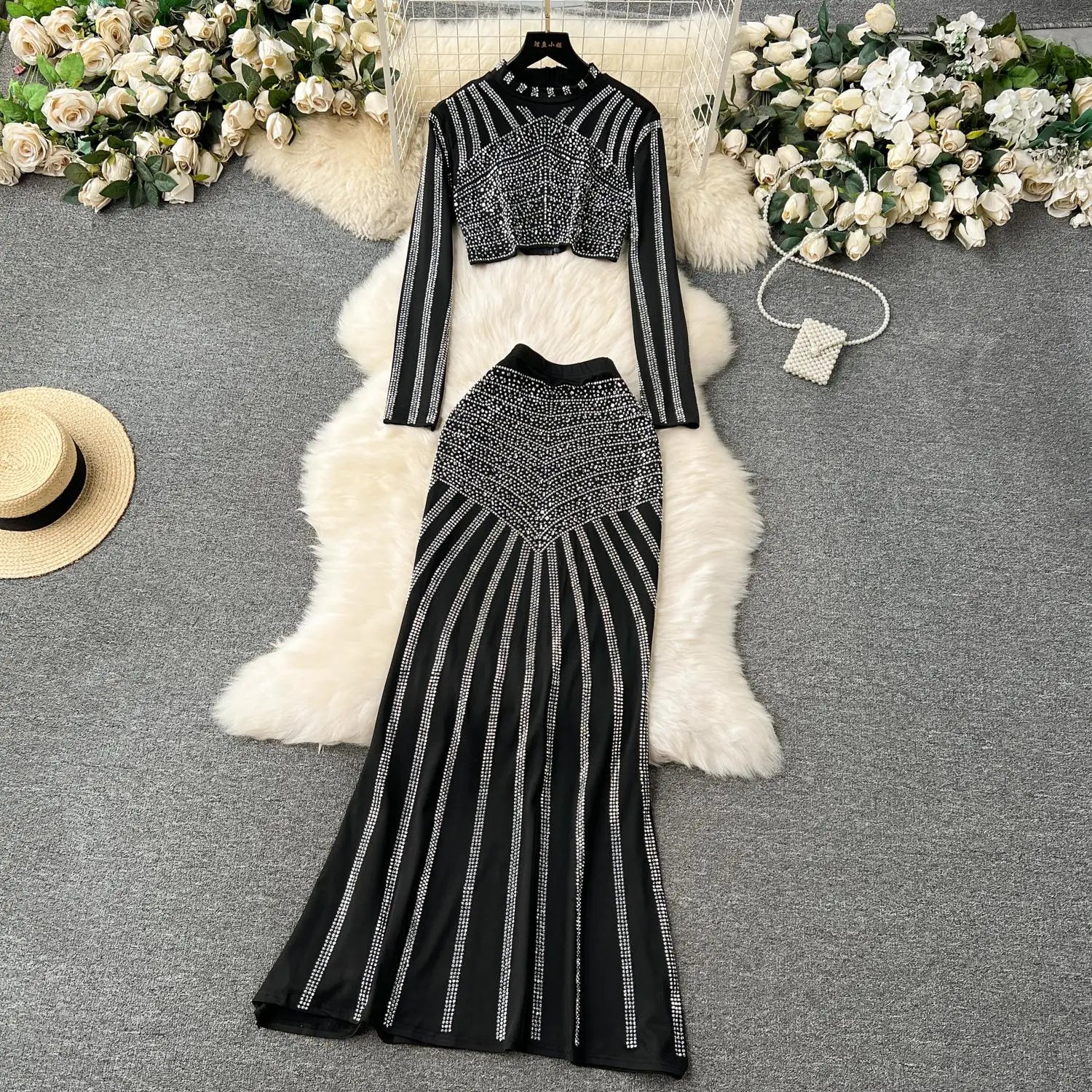 Elegant Black Diamond Two-Piece Set for Women - O-Neck Long Sleeve Top & High Waist Fishtail Skirt | Y2K Fashion Outfit for Fall Parties, Date Nights and Office Wear
