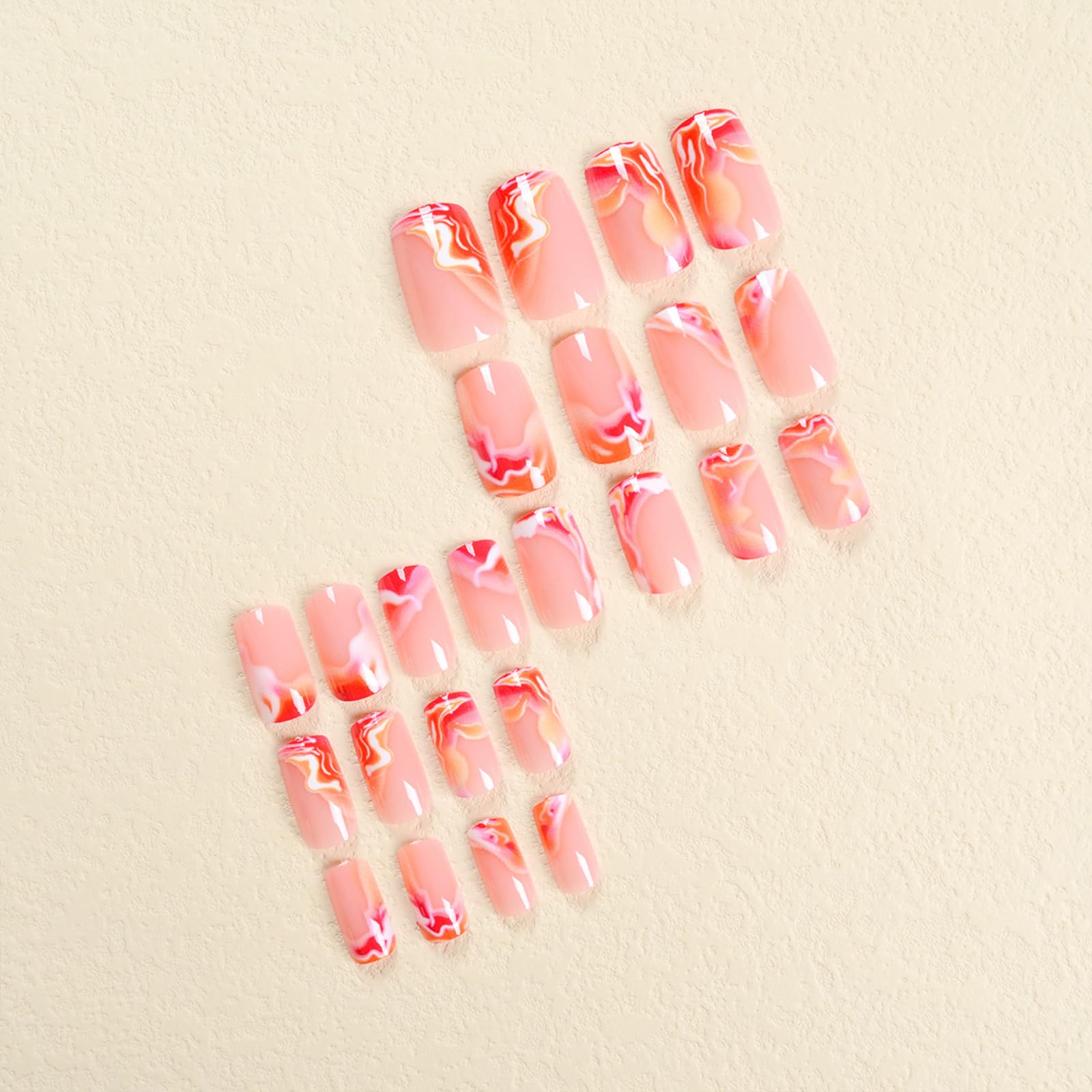 IMSOHOT Square Press-On Orange Red Ombre Fake Nails with Glossy Designs - Full Cover Acrylic False Nails for Women & Girls - Perfect for Summer, Parties, Weddings & Special Occasions