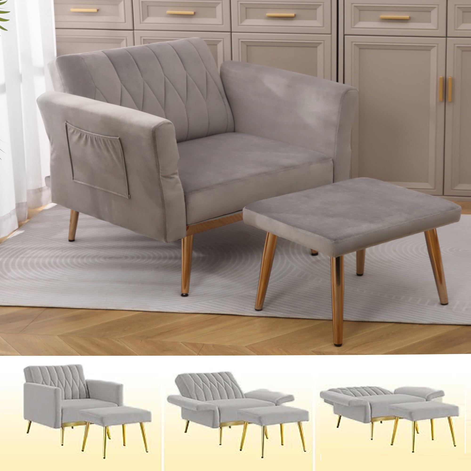 Modern Velvet Chaise Lounge Chair with 3 Reclining Positions - Convertible Recliner to Bed, Adjustable Futon Sofa Sleeper for Living Room, Bedroom, Apartment, Dorm & Office - Soft Grey Velvet Upholstery - Perfect for Lounging, Napping & Small Space Living