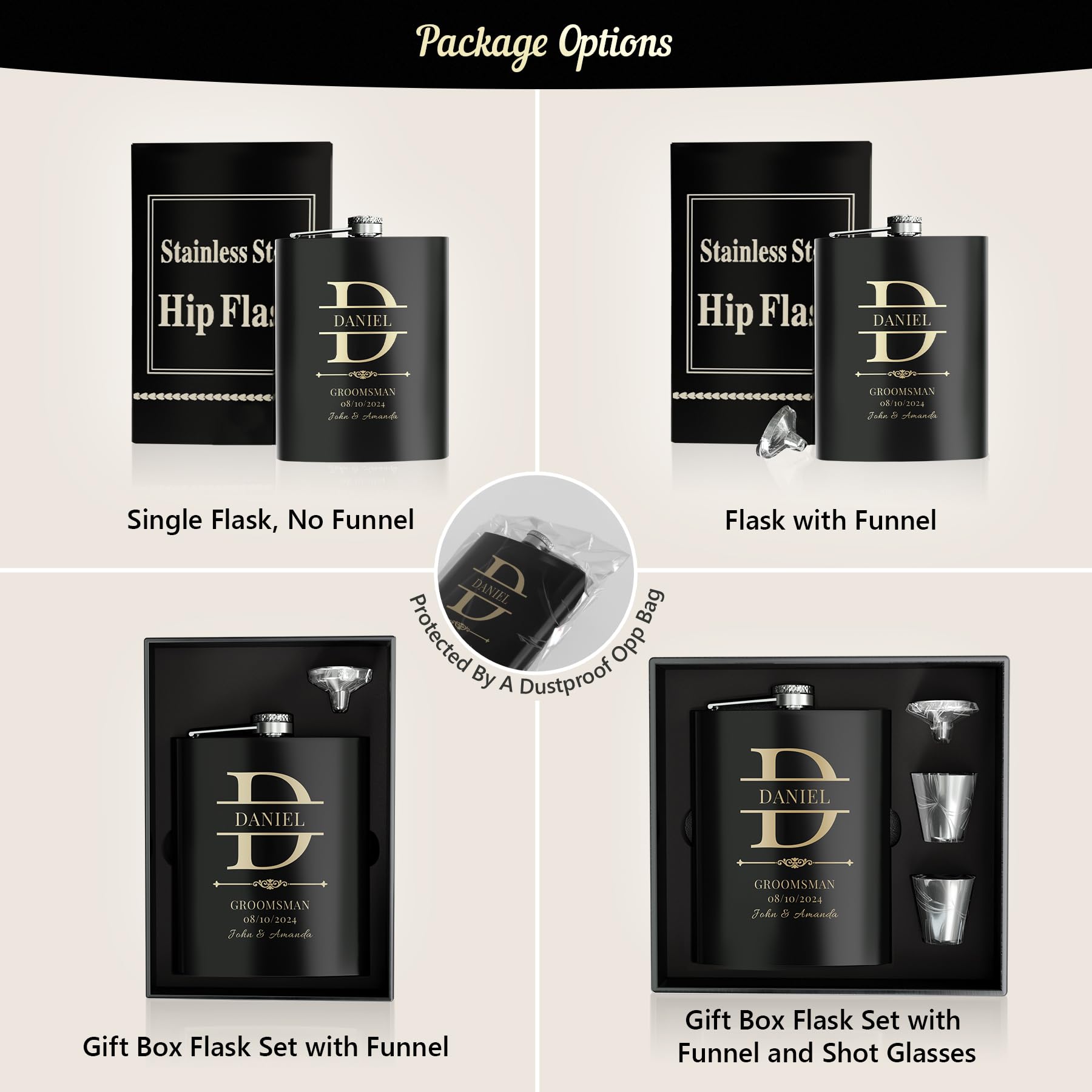 Personalized Groomsmen Flask Set of 9 - Custom Engraved 304 Stainless Steel Whiskey Flasks for Wedding Party, Best Man, Groom & Father of the Bride - Perfect for Bachelor Parties, Weddings & Anniversary Gifts
