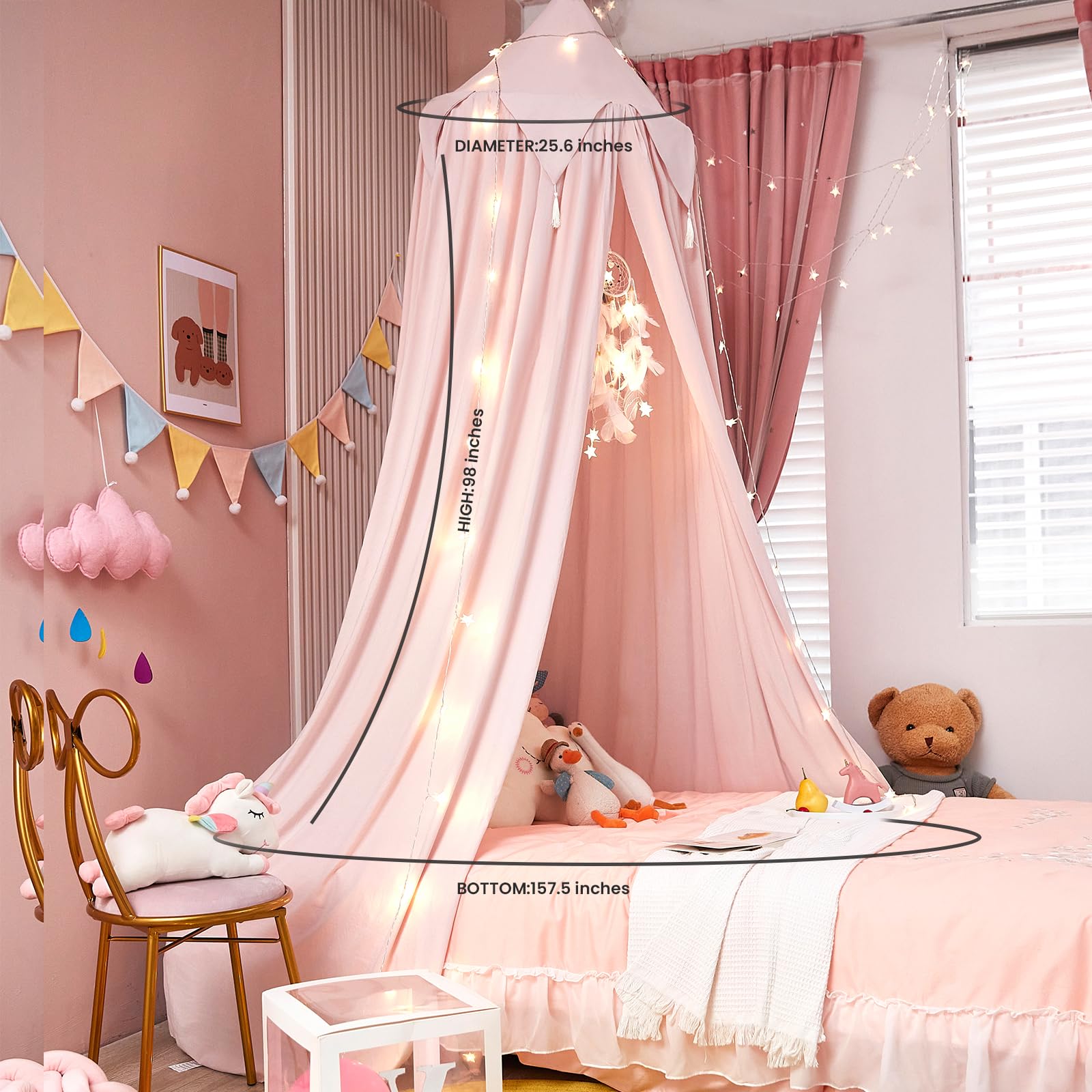 Princess Bed Canopy with Lights for Girls - Dream Catcher Kids Bed Tent for Twin, Full & Queen Size Beds - Beige Pink Room Decor for Reading Nook & Bedroom Makeover