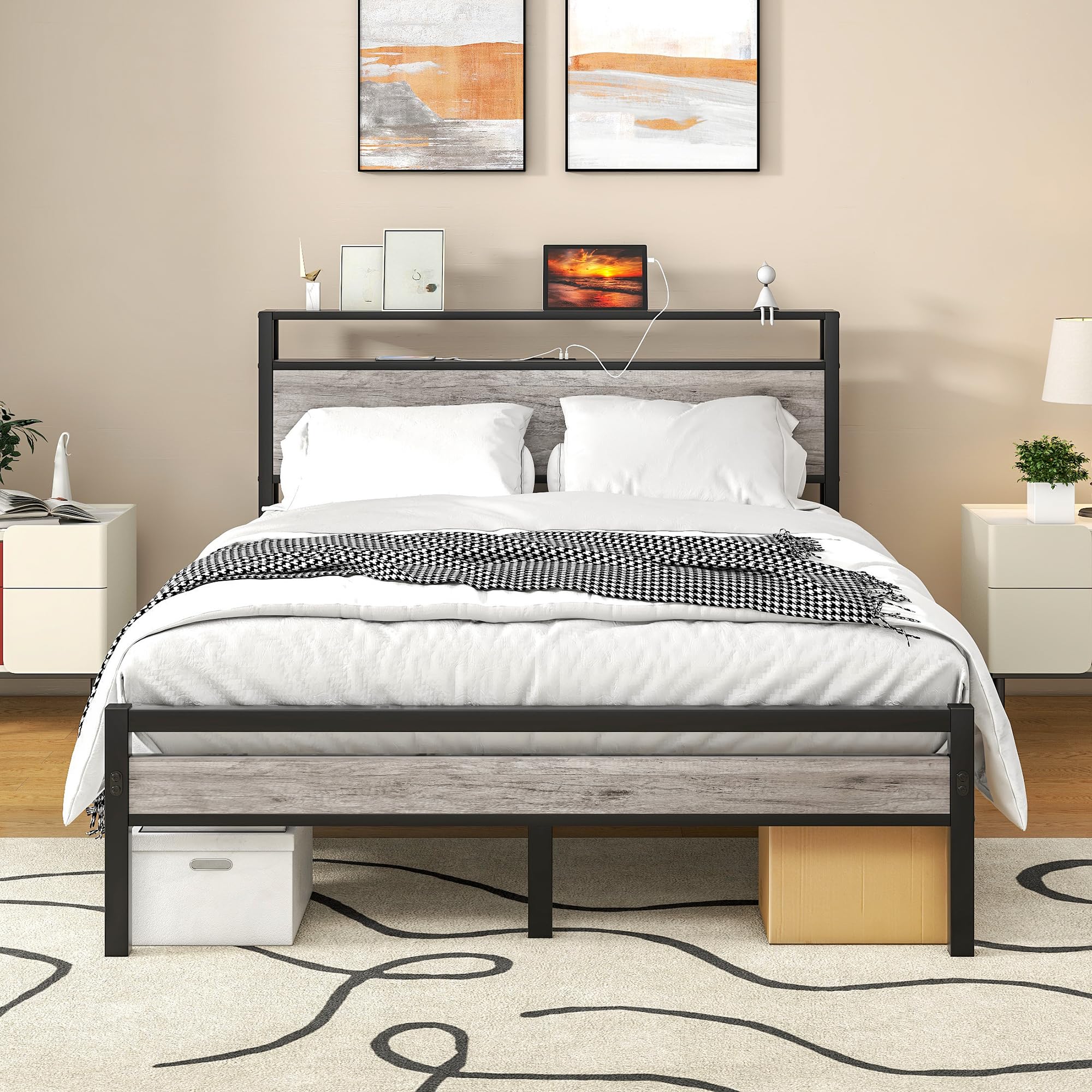 Full Size Bed Frame with Storage Headboard & USB Charging Ports - Sturdy Metal Platform Bed with Noise-Free Steel Slats - No Box Spring Needed - Warm Grey Finish - Perfect for Small Bedrooms, Guest Rooms & Apartments